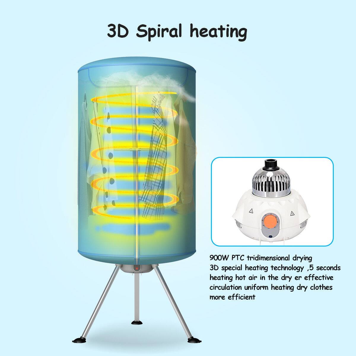 3D Spiral heating

900W PTC tridimensional drying  
3D special heating technology, 5 seconds heating hot air in the dryer effective circulation uniform heating dry clothes more efficient