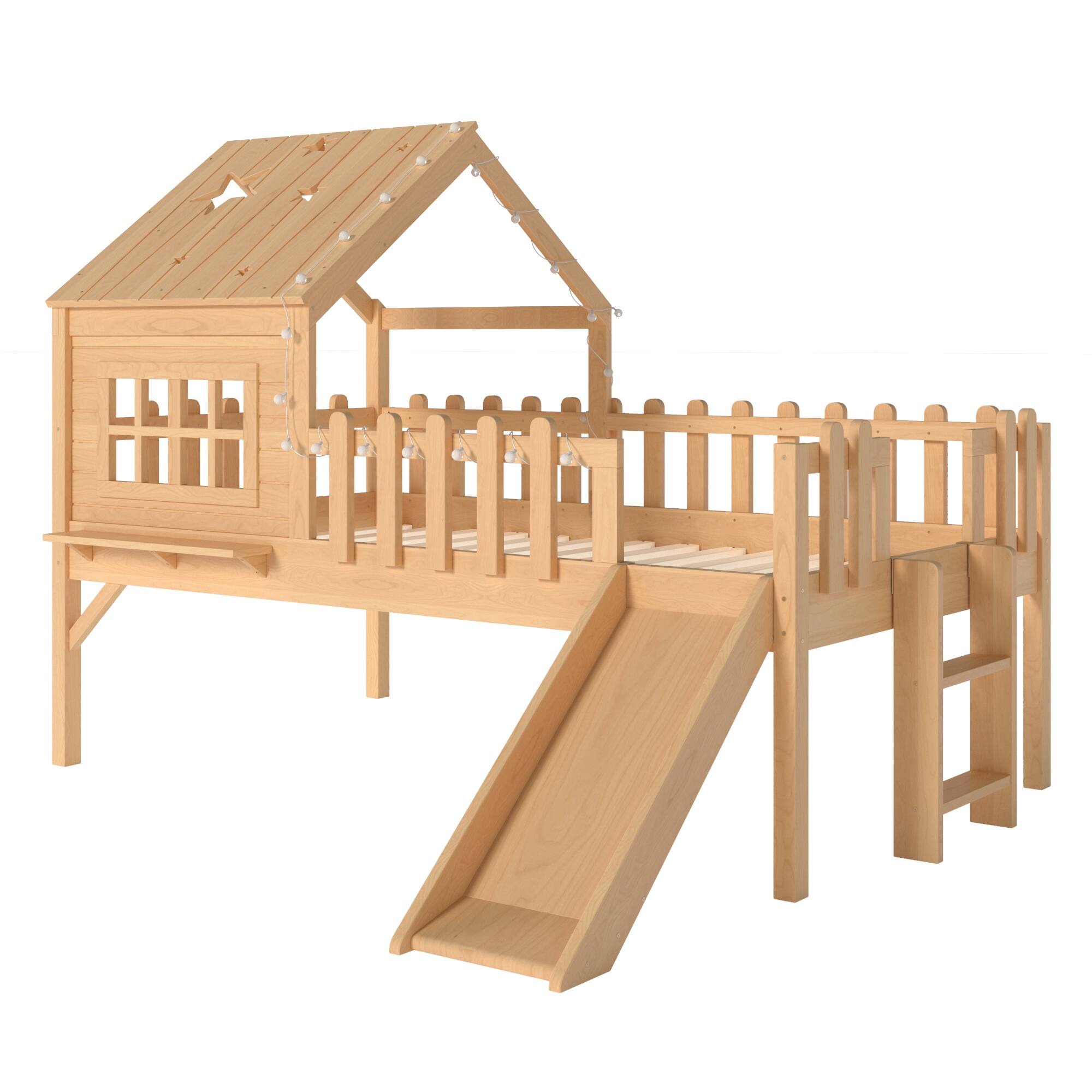 Alt View 5. Boyel Living - Twin Size House Loft Bed with Slide Playhouse Bed with Star Shaped Designs - Brown.