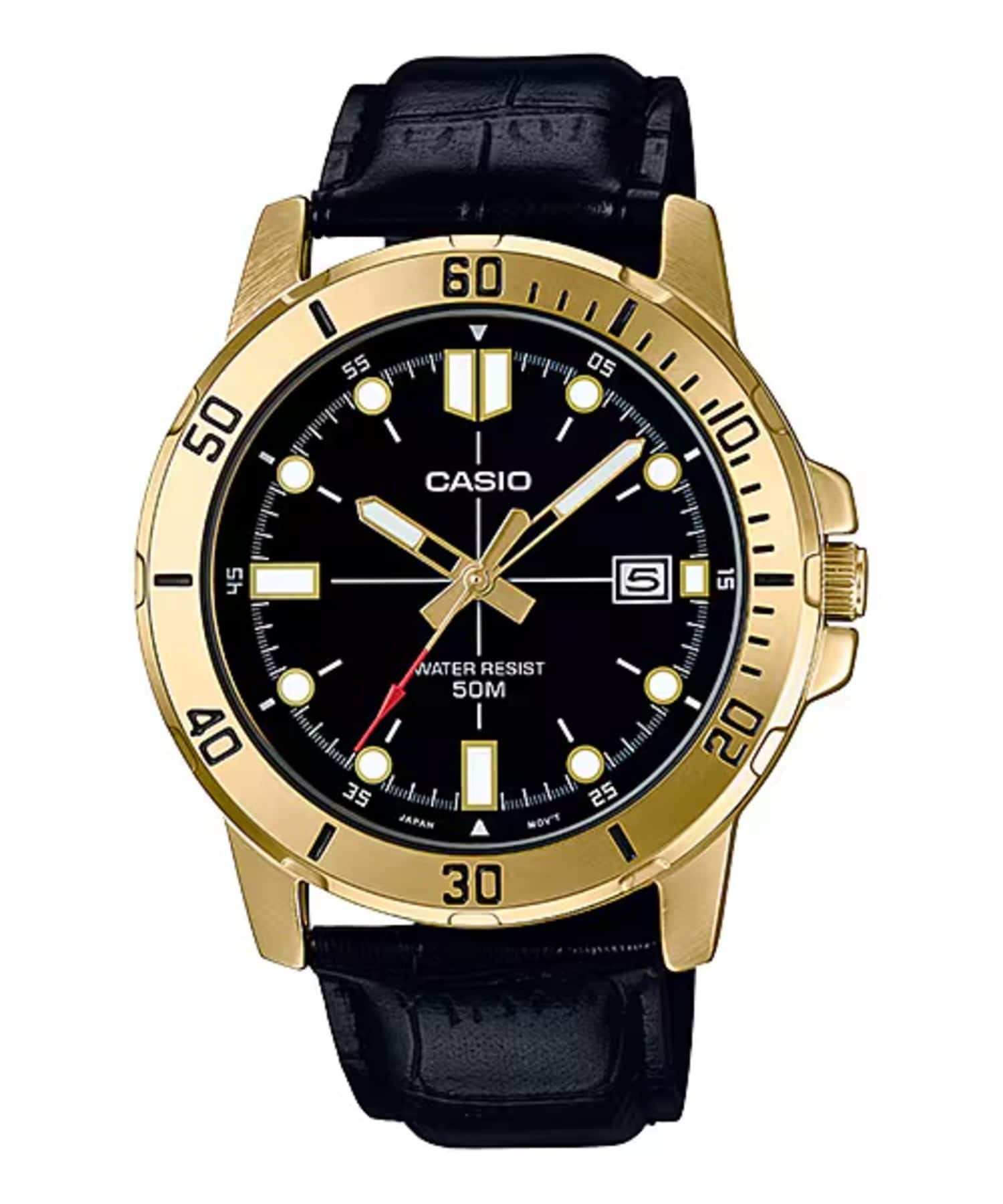 Casio - Men’s Gold Watch with Leather Strap - MTP-VD01GL-1EVUDF - Black