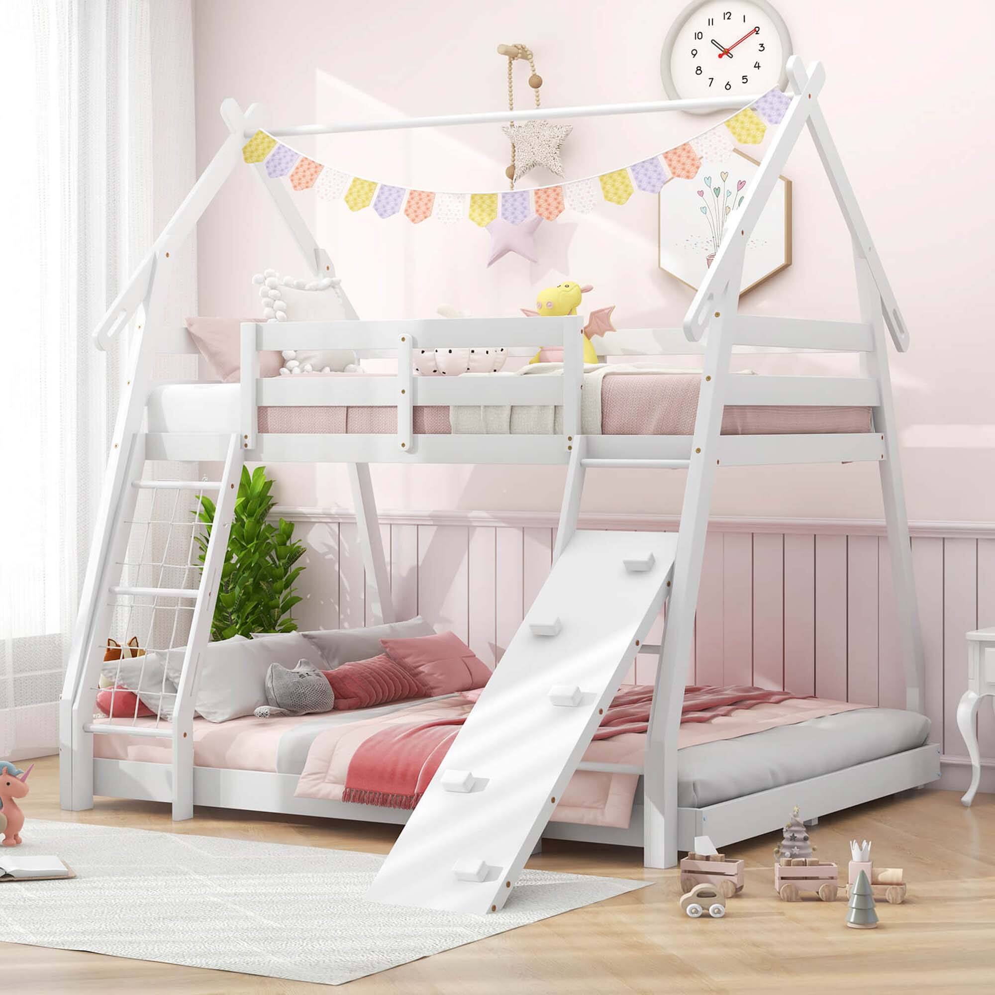 Alt View 1. Costway - Costway Twin Over Queen Bunk Bed House Shaped Bed Frame with Climbing Nets and Ramp - White.