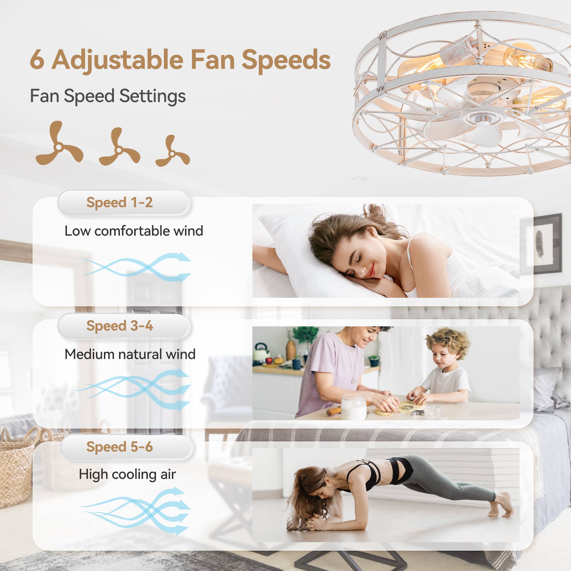 6 Adjustable Fan Speeds
Fan Speed Settings
Speed 1-2 Low comfortable wind
Speed 3-4 Medium natural wind
Speed 5-6 High cooling air