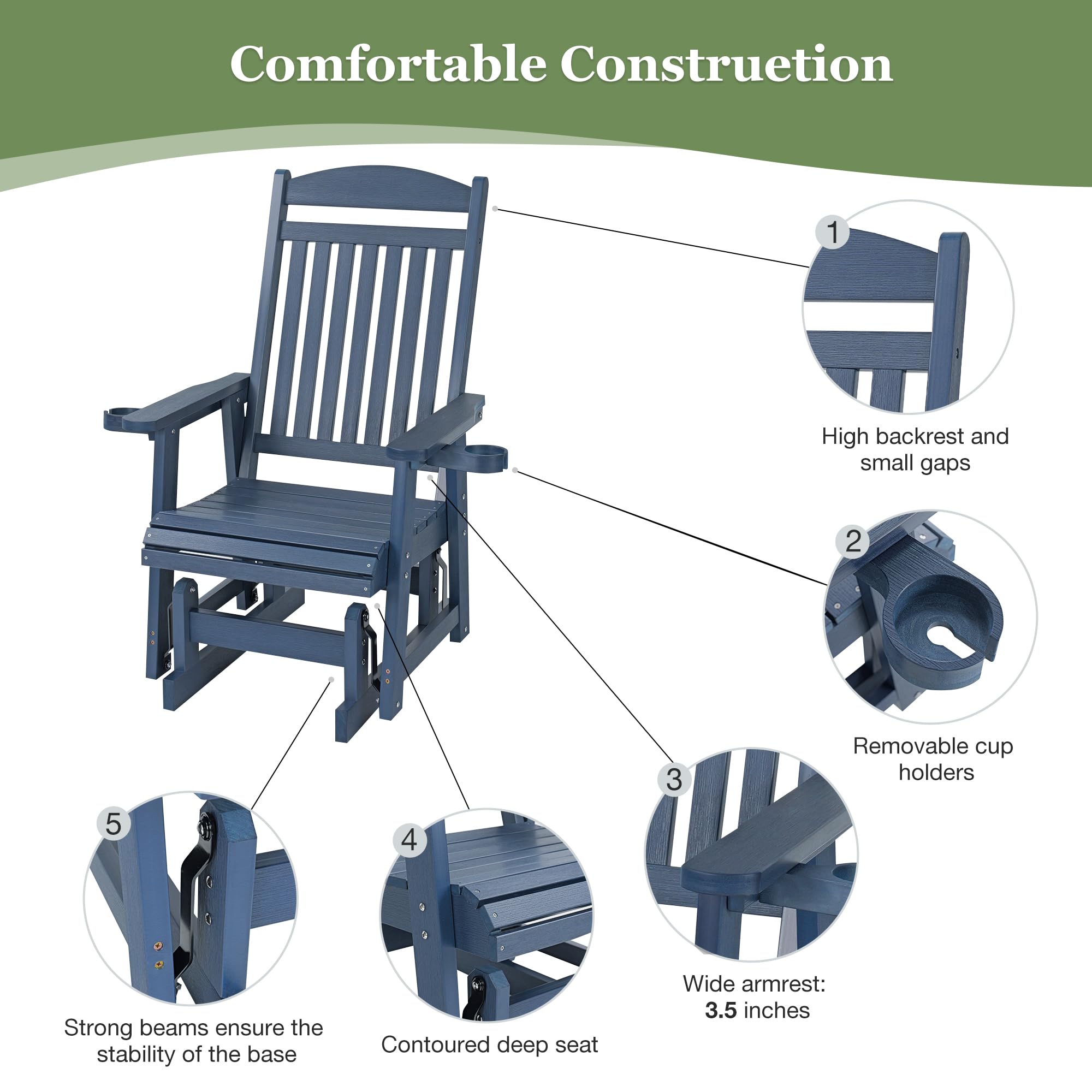 Comfortable Construction

1. High backrest and small gaps
2. Removable cup holders
3. Wide armrest: 3.5 inches
4. Contoured deep seat
5. Strong beams ensure the stability of the base