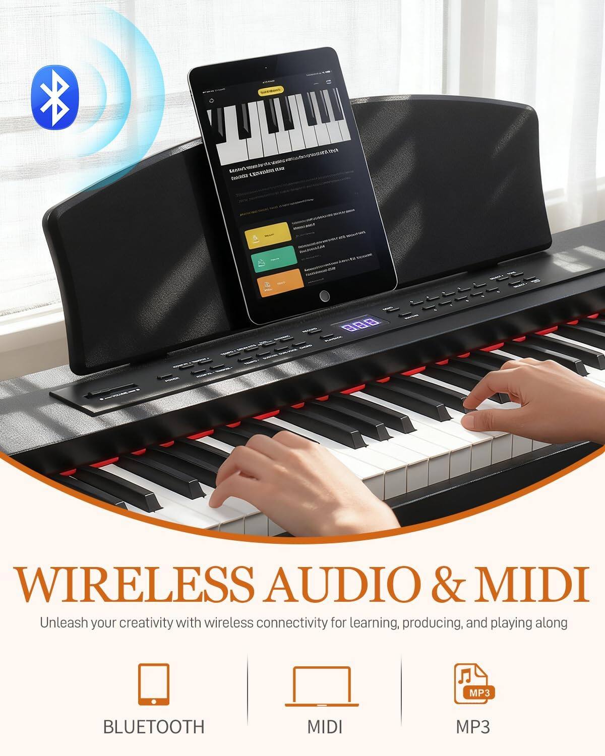 - din'  
- RE Nonda n YPN a AUAAAUTES  
- - - N AA BBB  
- n WIRELESS AUDIO & MIDI  
- Unleash your creativity with wireless connectivity for learning, producing, and playing along  
- MP3  
- BLUETOOTH  
- MIDI  
- MP3