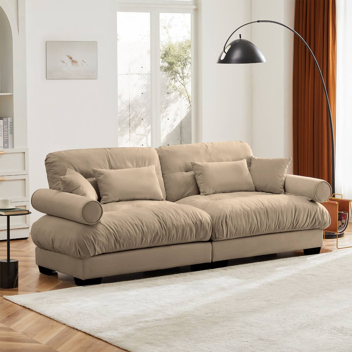 Ropilly Camel Velvet 2 Seater Sofa, Modern Loveseat with Bolster ...