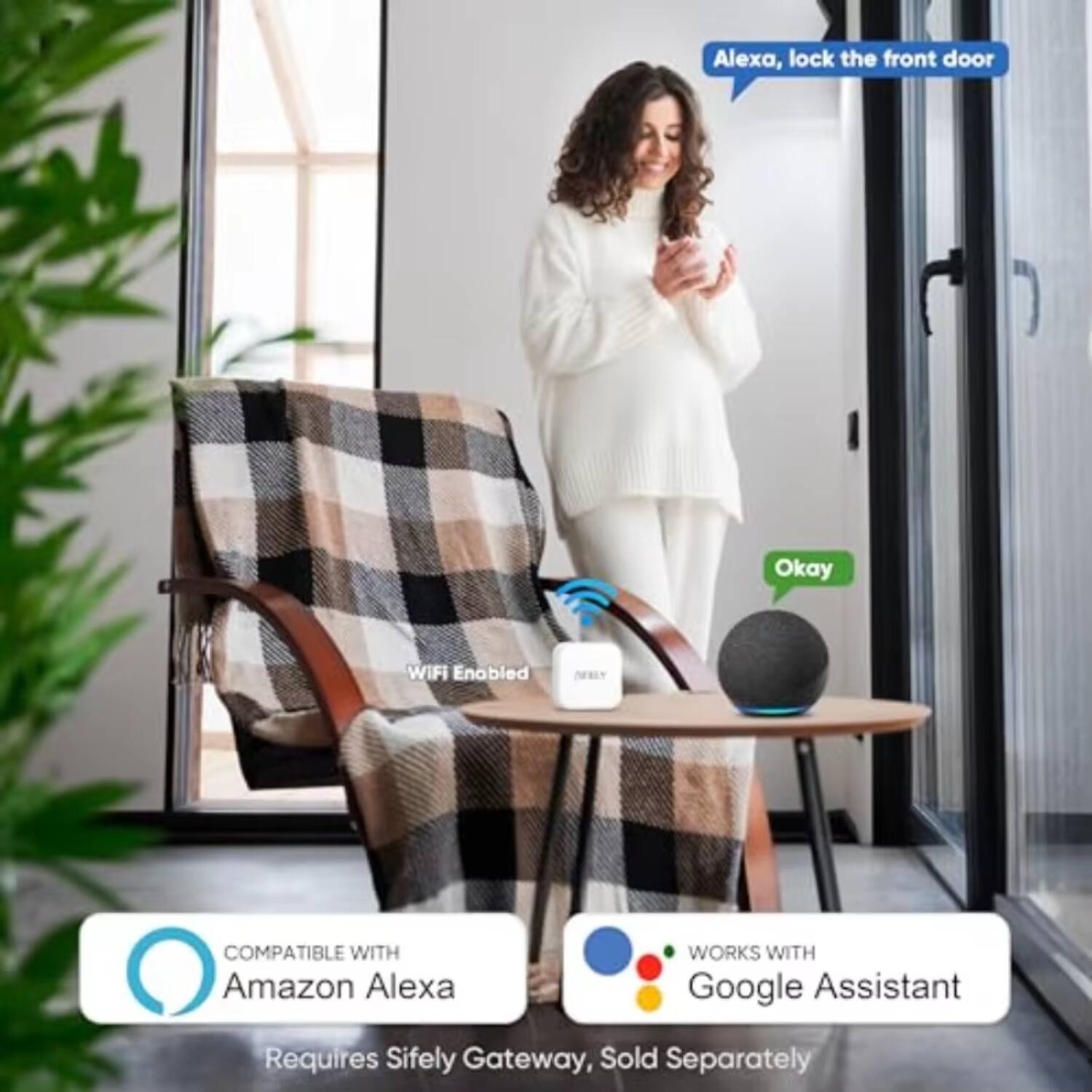 Alexa, lock the front door  
Okay  

WiFi Enabled  
COMPATIBLE WITH Amazon Alexa  
WORKS WITH Google Assistant  
Requires Sifely Gateway, Sold Separately