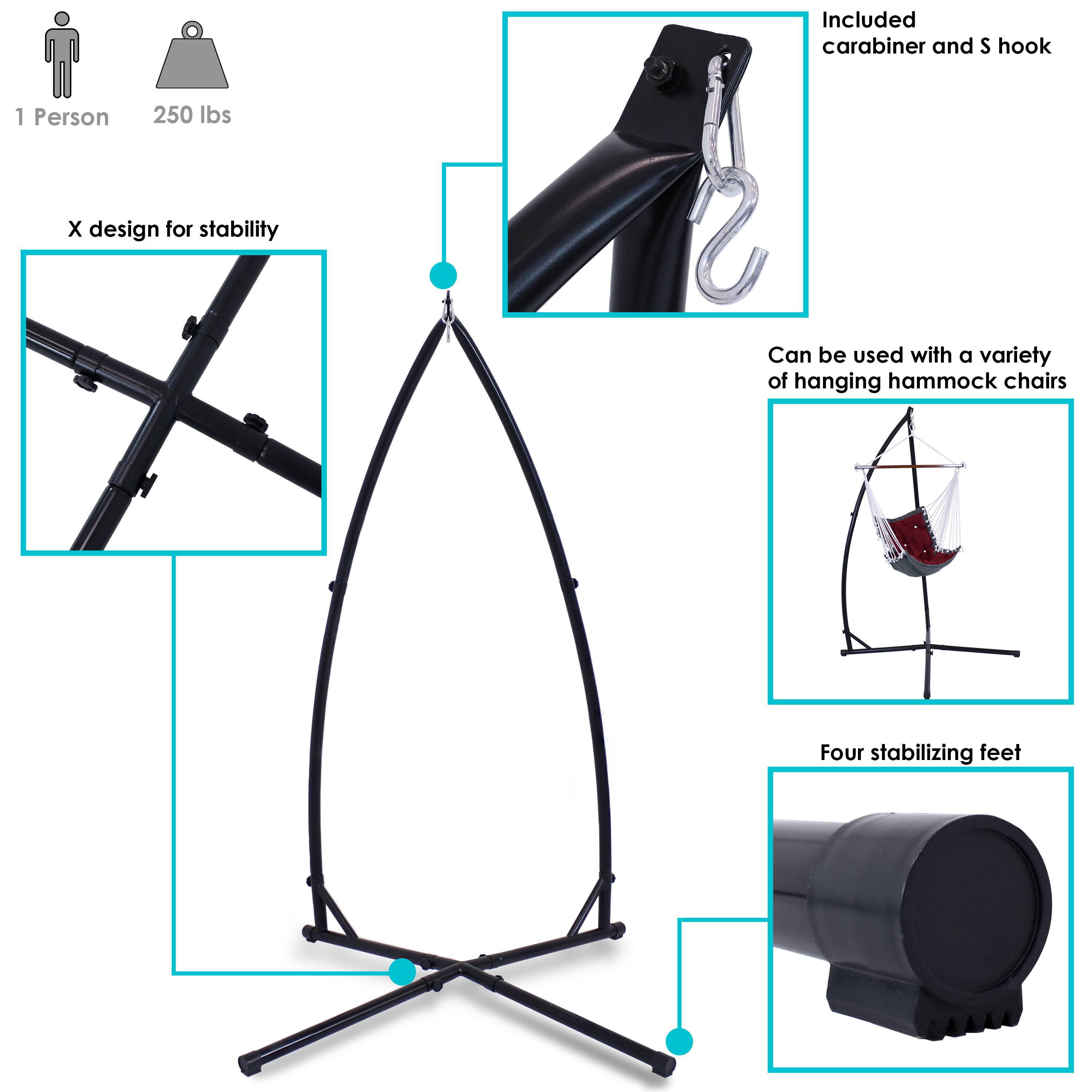 - 1 Person
- 250 lbs
- Included carabiner and S hook
- X design for stability
- Can be used with a variety of hanging hammock chairs
- Four stabilizing feet