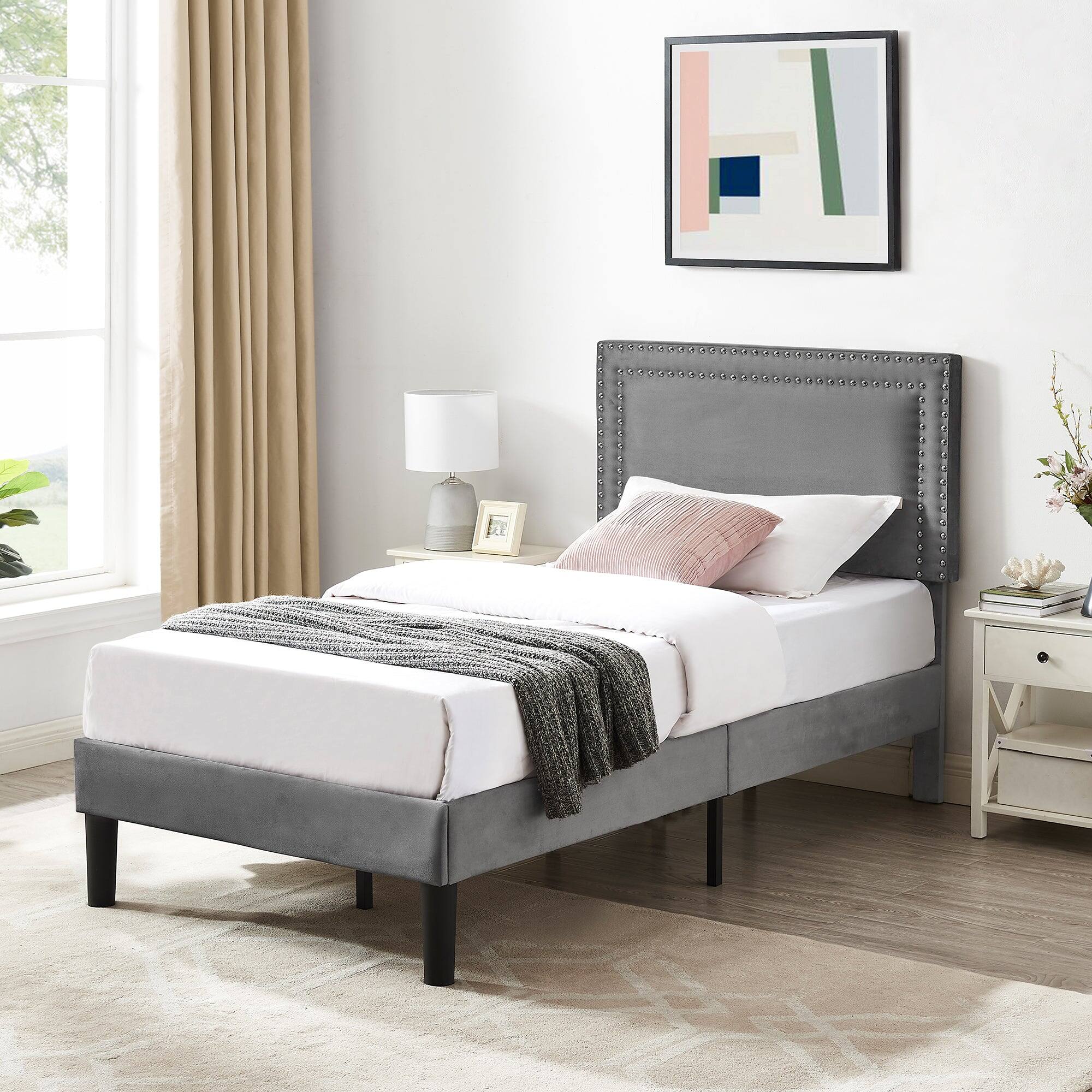 Alt View 2. Vecelo - Twin Size Platform Bed Frame with Adjustable Upholstered Headboard, Strong Wood Slat Support,No Box Spring Needed - Dark Gray.
