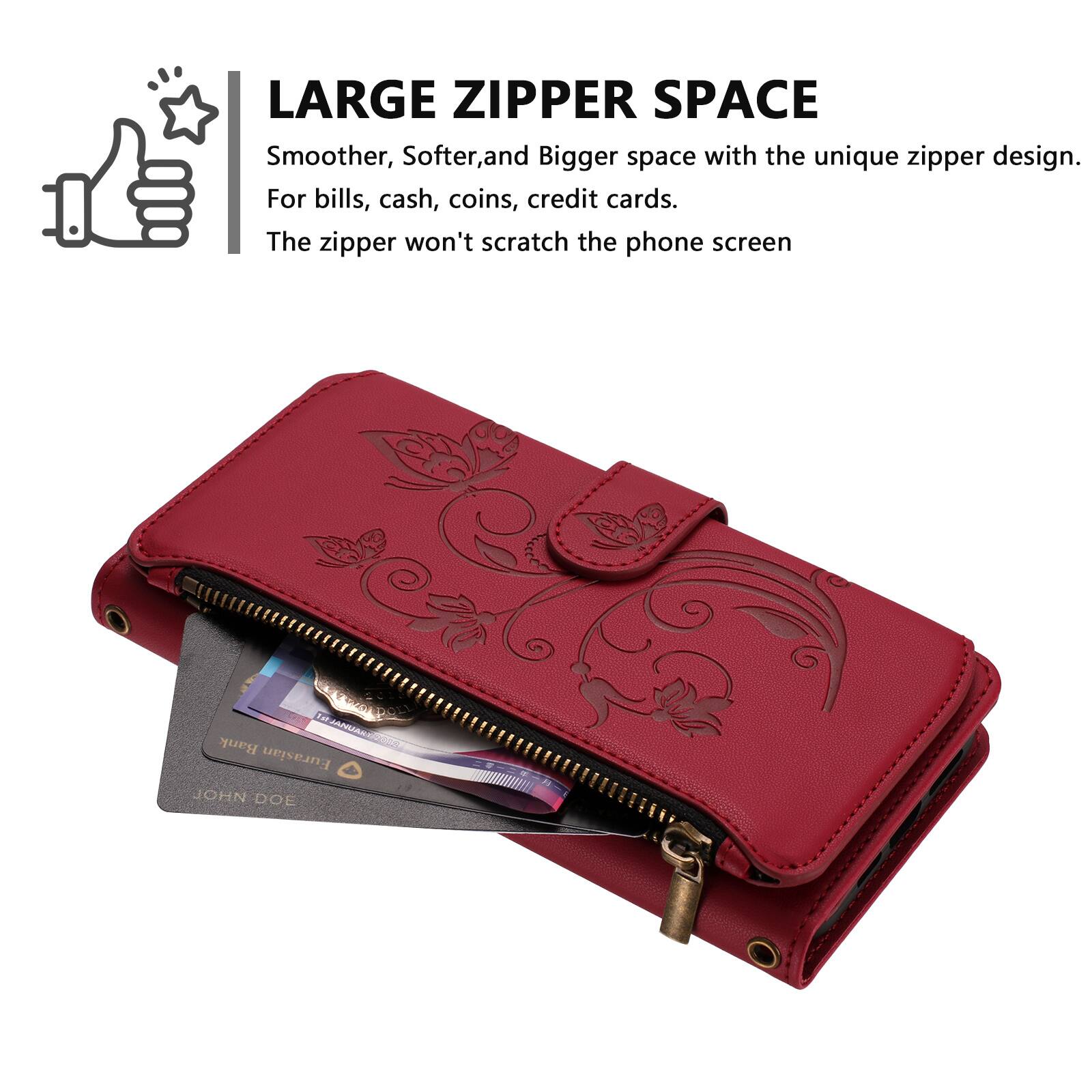 LARGE ZIPPER SPACE  
Smoother, Softer, and Bigger space with the unique zipper design.  
For bills, cash, coins, credit cards.  
The zipper won't scratch the phone screen.  

Bank ANC Eurasian  
JOHN DOE