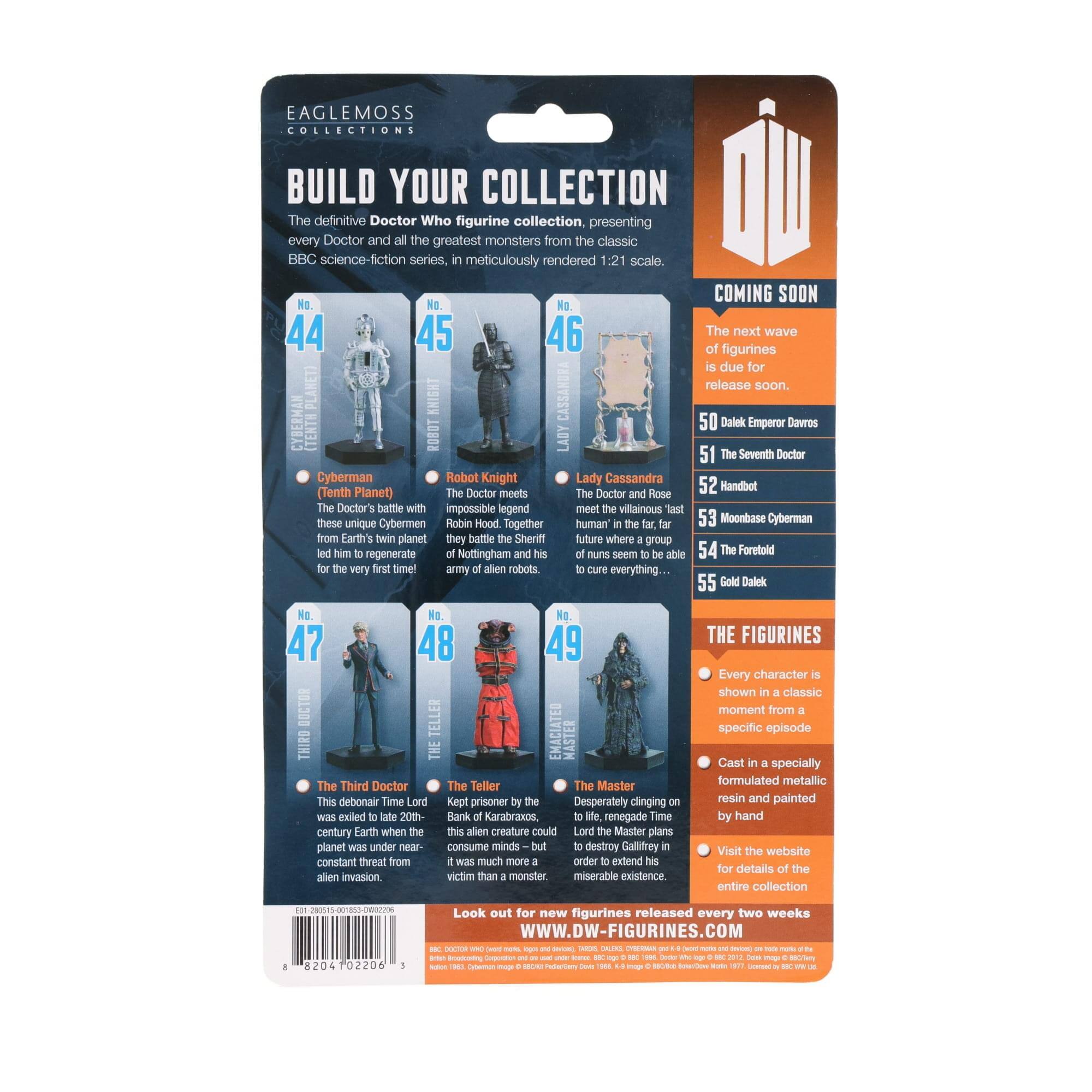 EAGLEMOSS COLLECTIONS  
BUILD YOUR COLLECTION  
The definitive Doctor Who figurine collection presenting every Doctor and all the greatest monsters from the classic BBC science-fiction series, meticulously rendered 1:21 scale.  

COMING SOON  
44 Cyberman (Tenth Planet)  
45 Robot Knight  
46 Lady Cassandra  
47 The Third Doctor  
48 The Teller  
49 The Master  
50 Dalek Emperor Davros  
51 The Seventh Doctor  
52 Handbot  
53 Moonbase Cyberman  
54 The Foretold  
55 Gold Dalek  

The next wave of figurines is due for release soon.  

The Doctor meets Doctor Who's battle with impossible legend meet villainous these  
Handbot Doctor's battle with impossible legend meet villainous these  
Moonbase Cyberman unique Cybermen Robin Hood. Together human from Earth's planet they battle Sheriff future where group regenerate Nottingham seem able  
The Doctor and Rose meet the villainous last "human" in her, far, far future where a group led him to regenerate for the very first time!  
The Third Doctor was exiled to late 20th-century Earth when the planet was under near-constant threat from alien invasion.  
The