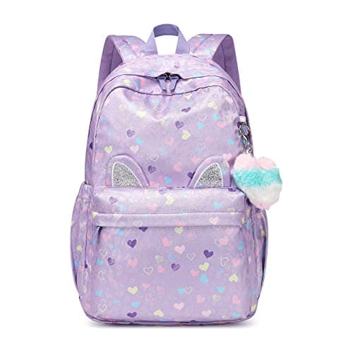 Cozy Serene - Backpack Light Purple Waterproof Large Space School Suitable For Over 6 Years Old Lightweight Travel Cat Ear Heart - Light Purple Peach Heart