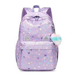Cozy Serene - Backpack Light Purple Waterproof Large Space School Suitable For Over 6 Years Old Lightweight Travel Cat Ear Heart - Light Purple Peach Heart