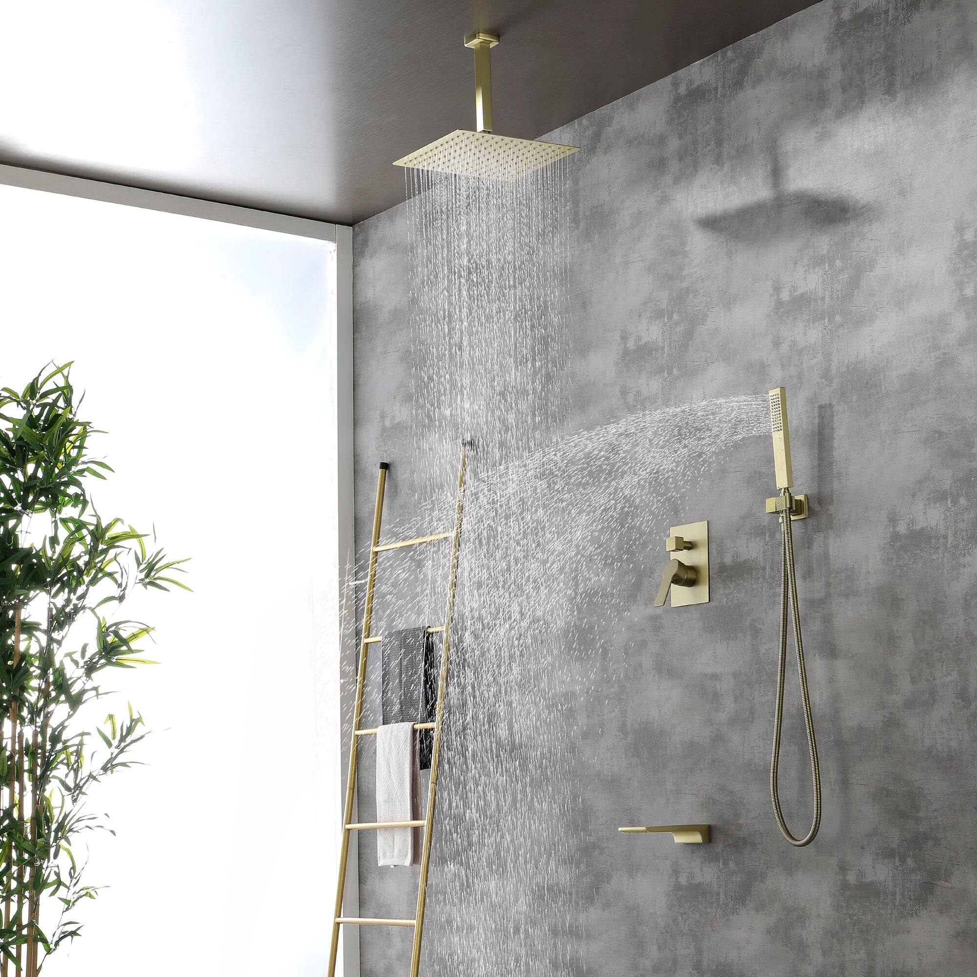 Back. Boyel Living - Ceiling Mount Single-Handle 1-Spray Tub and Shower Faucet with 12 in. Fixed shower head in Brushed Gold (Valve Included) - Brushed Gold.