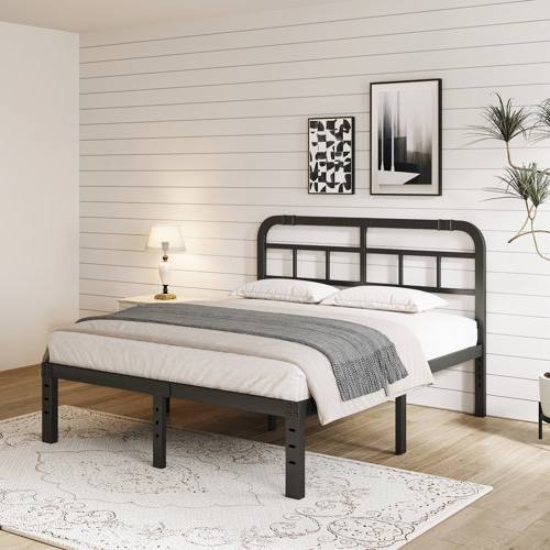 Angle. SlickBlue - Modern metal bed frame with headboard for a clean, industrial bedroom aesthetic - Black.