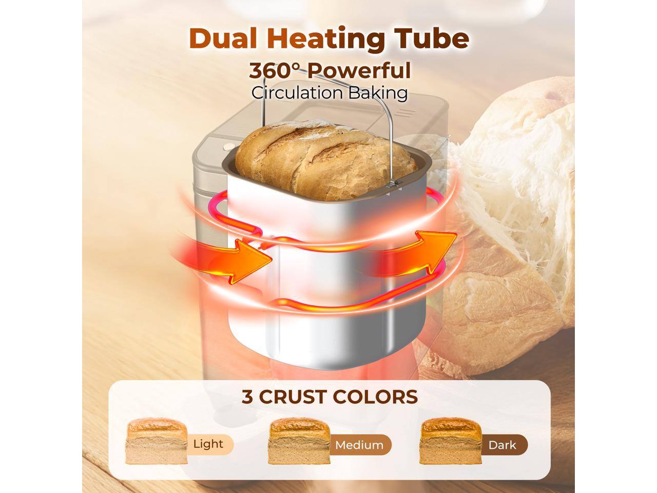 Dual Heating Tube  
360° Powerful Circulation Baking  
3 CRUST COLORS  
Light  
Medium  
Dark