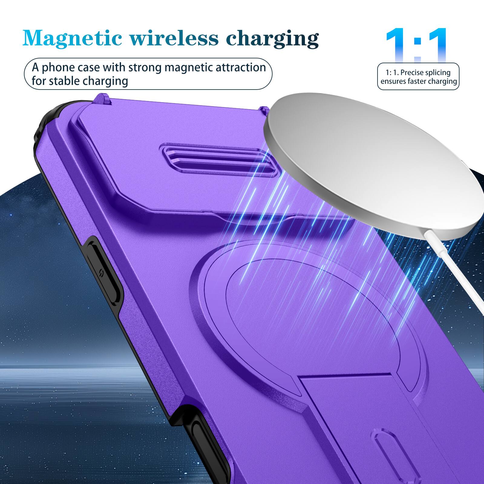 Magnetic wireless charging

A phone case with strong magnetic attraction for stable charging

1:1

1:1. Precise splicing ensures faster charging