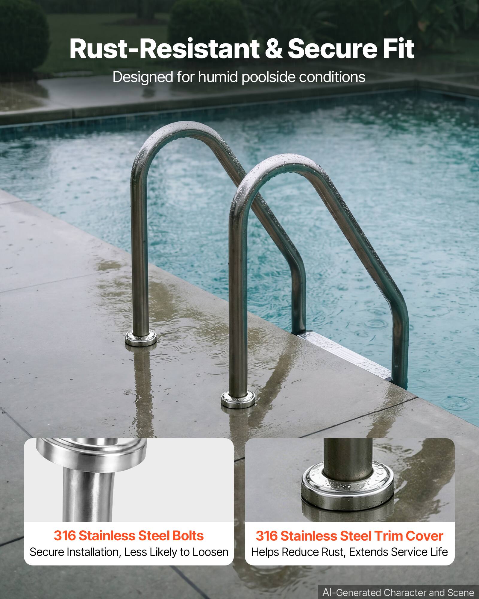 Rust-Resistant & Secure Fit  
Designed for humid poolside conditions  

316 Stainless Steel Bolts  
Secure Installation, Less Likely to Loosen  

316 Stainless Steel Trim Cover  
Helps Reduce Rust, Extends Service Life  

AI-Generated Character and Scene