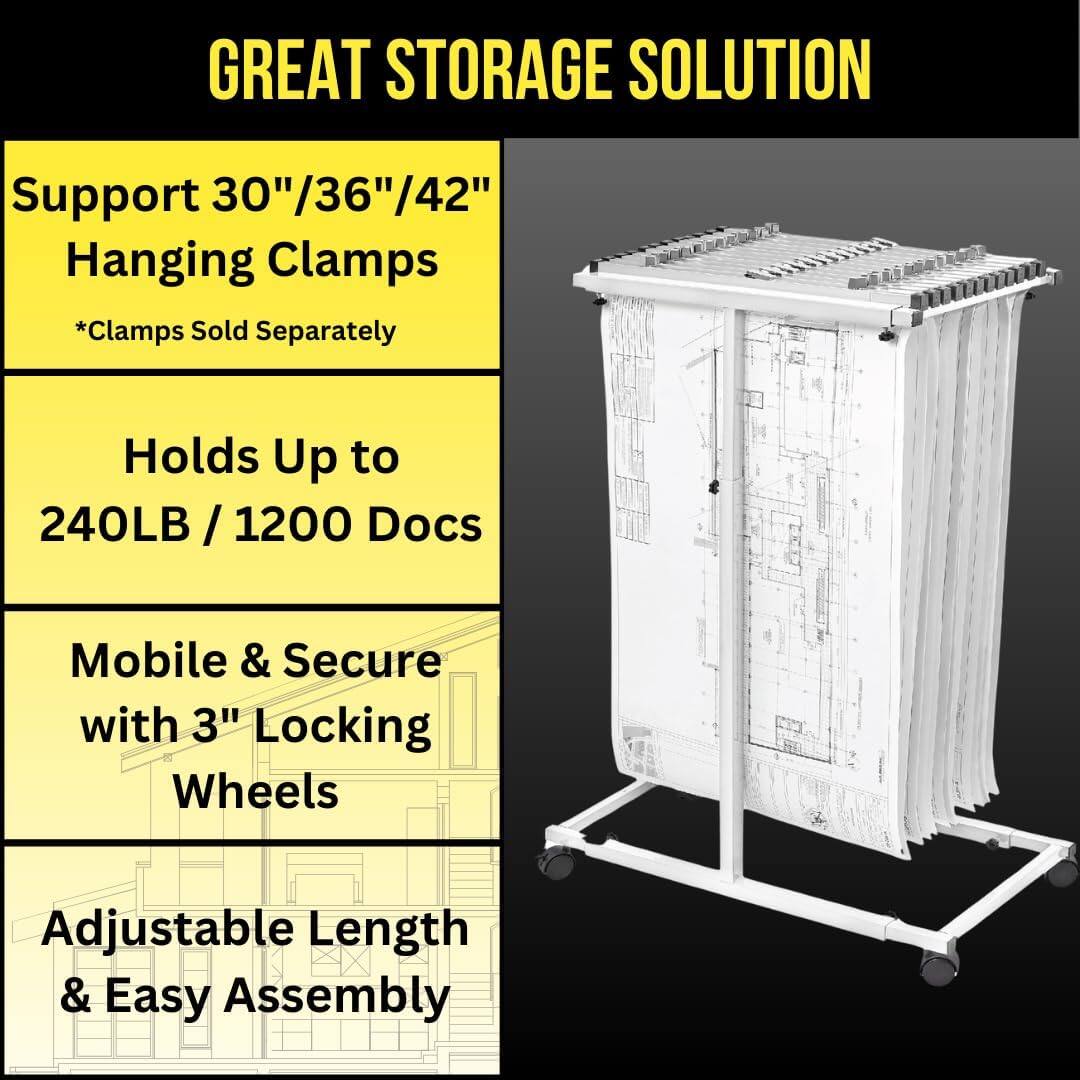 GREAT STORAGE SOLUTION
Support 30"/36"/42" Hanging Clamps *Clamps Sold Separately
Holds Up to 240LB / 1200 Docs
Mobile & Secure with 3" Locking Wheels
Adjustable Length & Easy Assembly