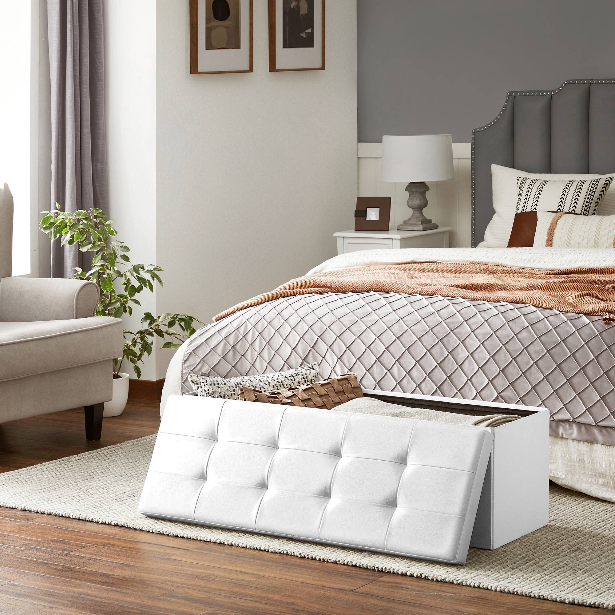 Left. Songmics Home - 43 Inches Folding Storage Ottoman Bench with Flipping Lid, Storage Chest Footrest Padded Seat with Iron Frame Support - White.