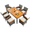Front. Costway - 7PCS Patio Rattan Dining Set Acacia Wood Table Cushioned Chair - Gray, Natural.