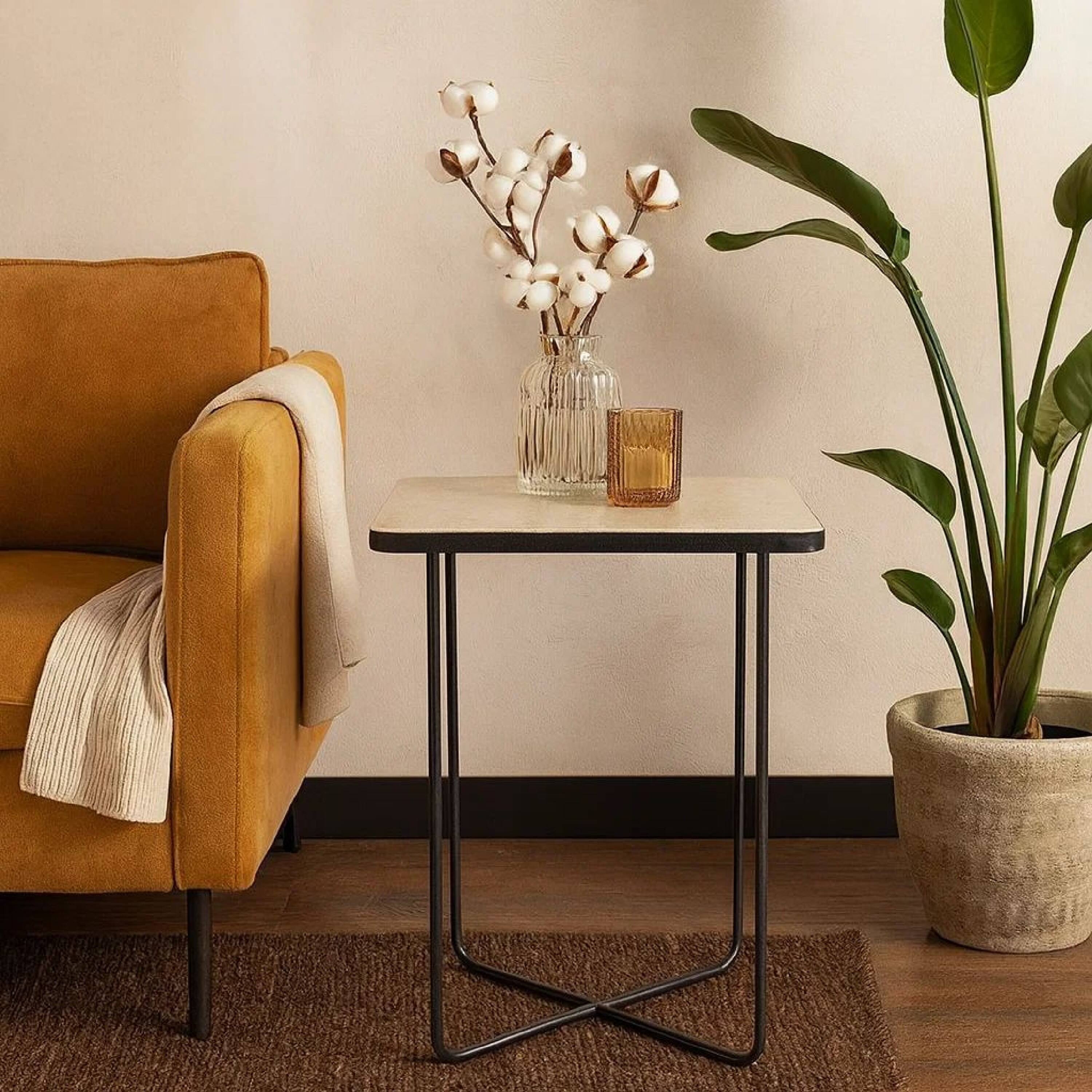 Alt View 5. Manhattan Lane - 24 Inch Square Accent Side End Table, Iron, Travertine Marble Top - Natural, Black.