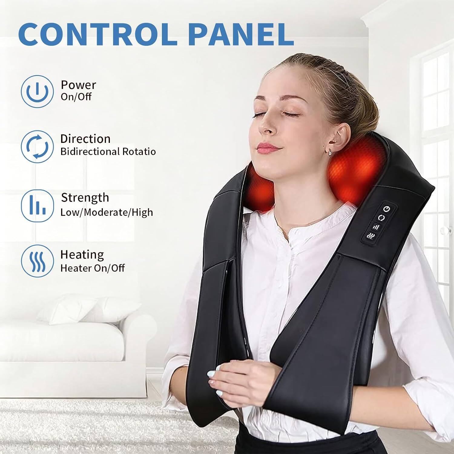 CONTROL PANEL  
Power On/Off  
Direction Bidirectional Rotation  
Strength Low/Moderate/High  
Heating Heater On/Off
