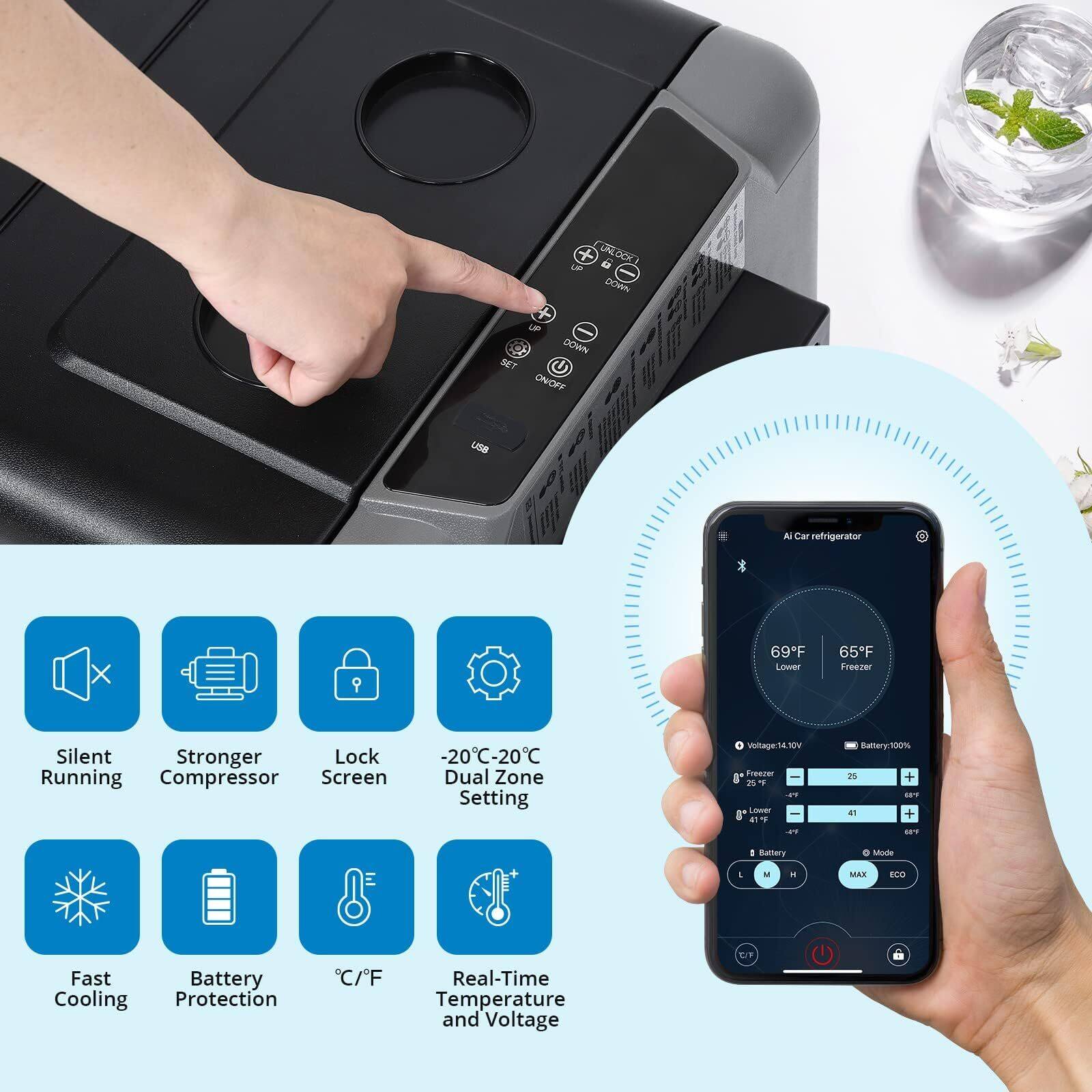 - DO UPP 2OW
- uP DOWN SET ONOFF U8 A Car refrigerator
- 9 69F Lower 65F Freezer Silent Stronger Lock Running Compressor Screen -20C-20C Dual Zone Setting Voltage 14 XY Preeder r 20F LAar 0 - P 37 Rettery/N00% 25 1 a + -T Battery . Mode - . MAX ECO Fast Battery Cooling Protection C/F Real-Time Temperature and Voltage CF

Features:
- Silent Running
- Stronger Compressor
- Lock Screen
- -20°C to 20°C Dual Zone Setting
- Fast Cooling
- Battery Protection
- °C/°F
- Real-Time Temperature and Voltage

Controls:
- UP
- DOWN
- SET
- OK
- OFF

Smartphone App:
- AI Car refrigerator
- 69°F Lower
- 65°F Freezer
- Voltage: 14.0V
- Battery: 100%
- Freezer: 25°F
- Lower: 41°F
- AT: 48°F
- Battery Mode: MAX ECO