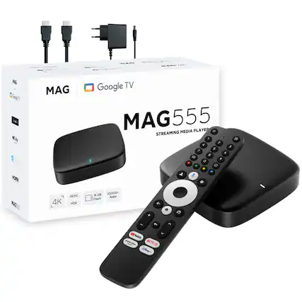 SE E -i 90G mul Wb HOT MAG Google TV MAG555 PLAYER O STREAMING MEDIA I 2 a 3 5 7 6 0 9 0 . . . a MAGEES 4K HEVC HDR 10 GB 10000+ Flash Apps + + A - 2 A Belte -ttot - NETFLIX Disney+