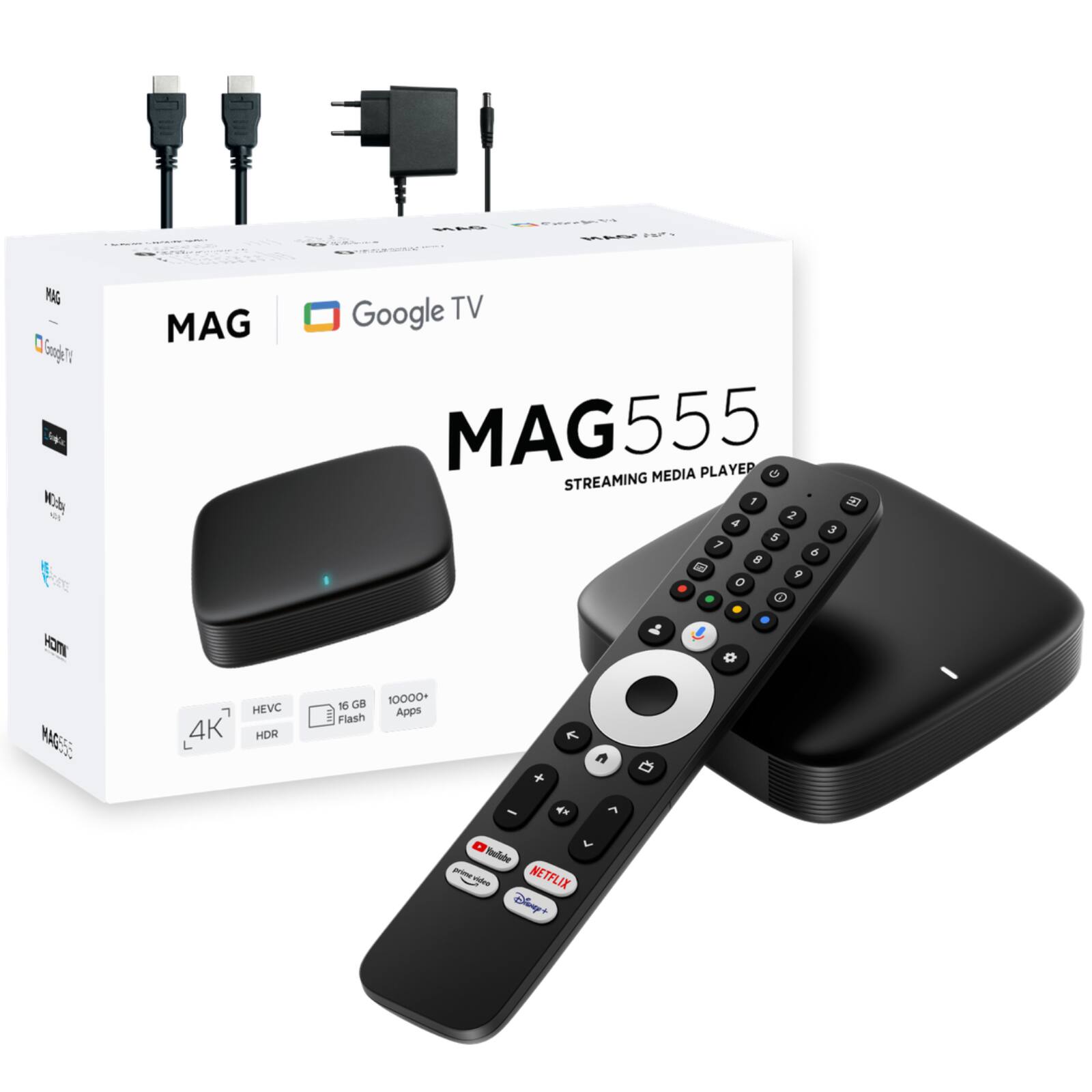 SE E -i 90G mul Wb HOT MAG Google TV MAG555 PLAYER O STREAMING MEDIA I 2 a 3 5 7 6 0 9 0 . . . a MAGEES 4K HEVC HDR 10 GB 10000+ Flash Apps + + A - 2 A Belte -ttot - NETFLIX Disney+