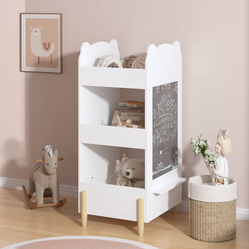 HTUTWOO - Kids Bookshelf with Chalkboard, Bear-Shaped Wooden 3-Tier Storage Organizer,Easy to Use for Toddlers, Playroom & Bedroom - White