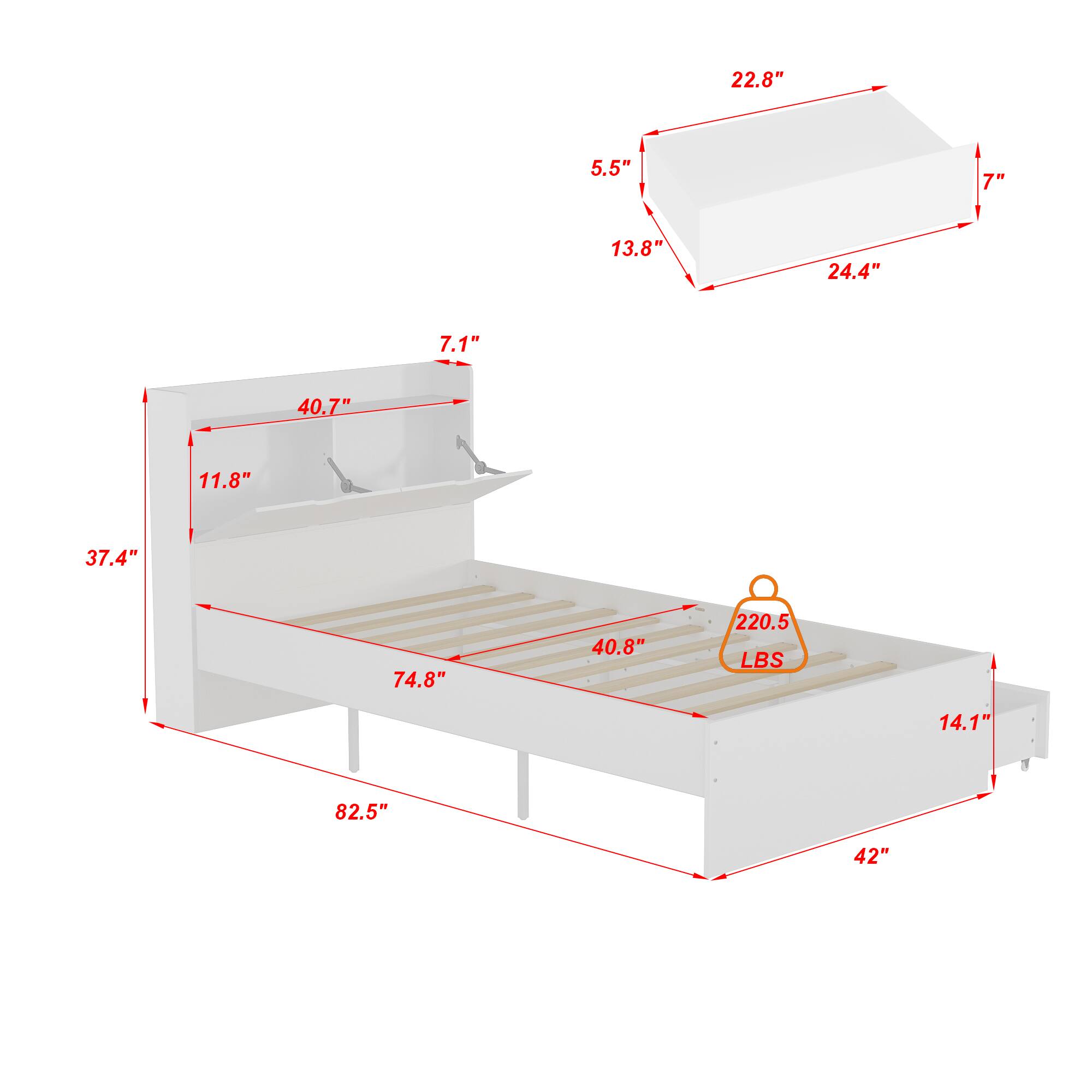 22.8" 5.5" 7" 13.8" 24.4" 7.1" 40.7" 11.8" 37.4" 74.8" 40.8" 220.5 LBS 14.1" 82.5" 42"