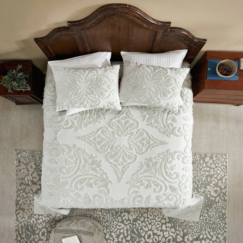Left. SlickBlue - Soft 100% Cotton Chenille Bedspread Set with 3 Pieces for All Seasons - Ivory.