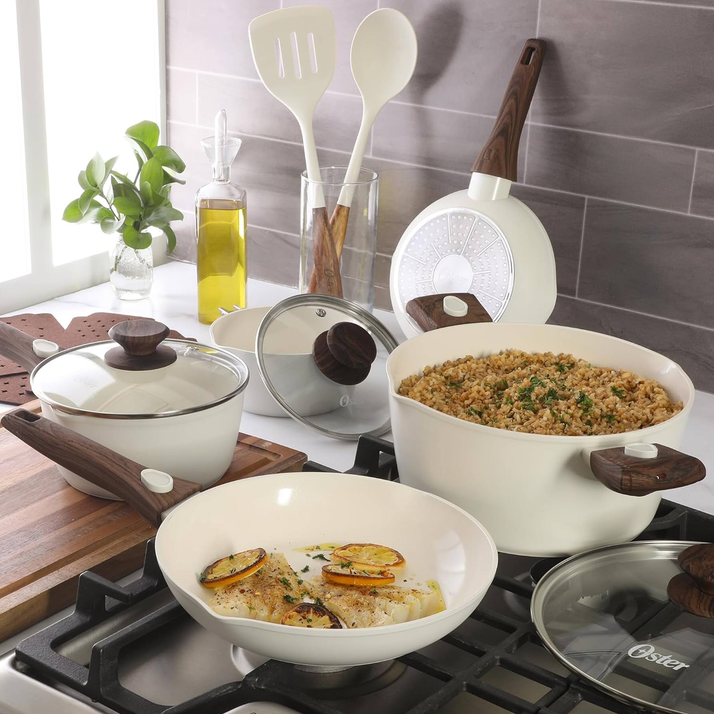 Alt View 5. Oster - Oster SmartHandle Advance 18 Piece Ceramic Nonstick Cookware Set in Matte Linen - Linen.