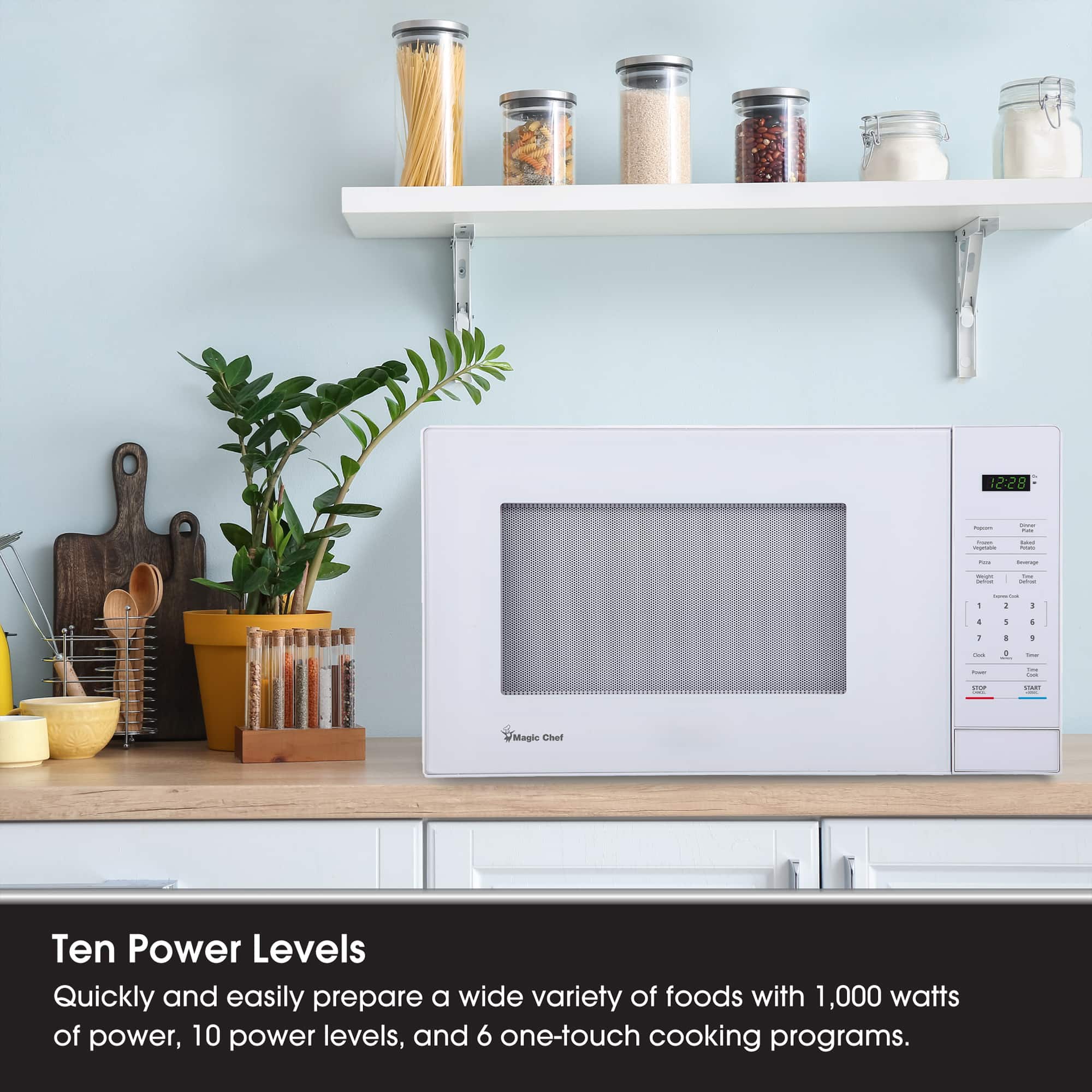 Ten Power Levels
Quickly and easily prepare a wide variety of foods with 1,000 watts of power, 10 power levels, and 6 one-touch cooking programs.