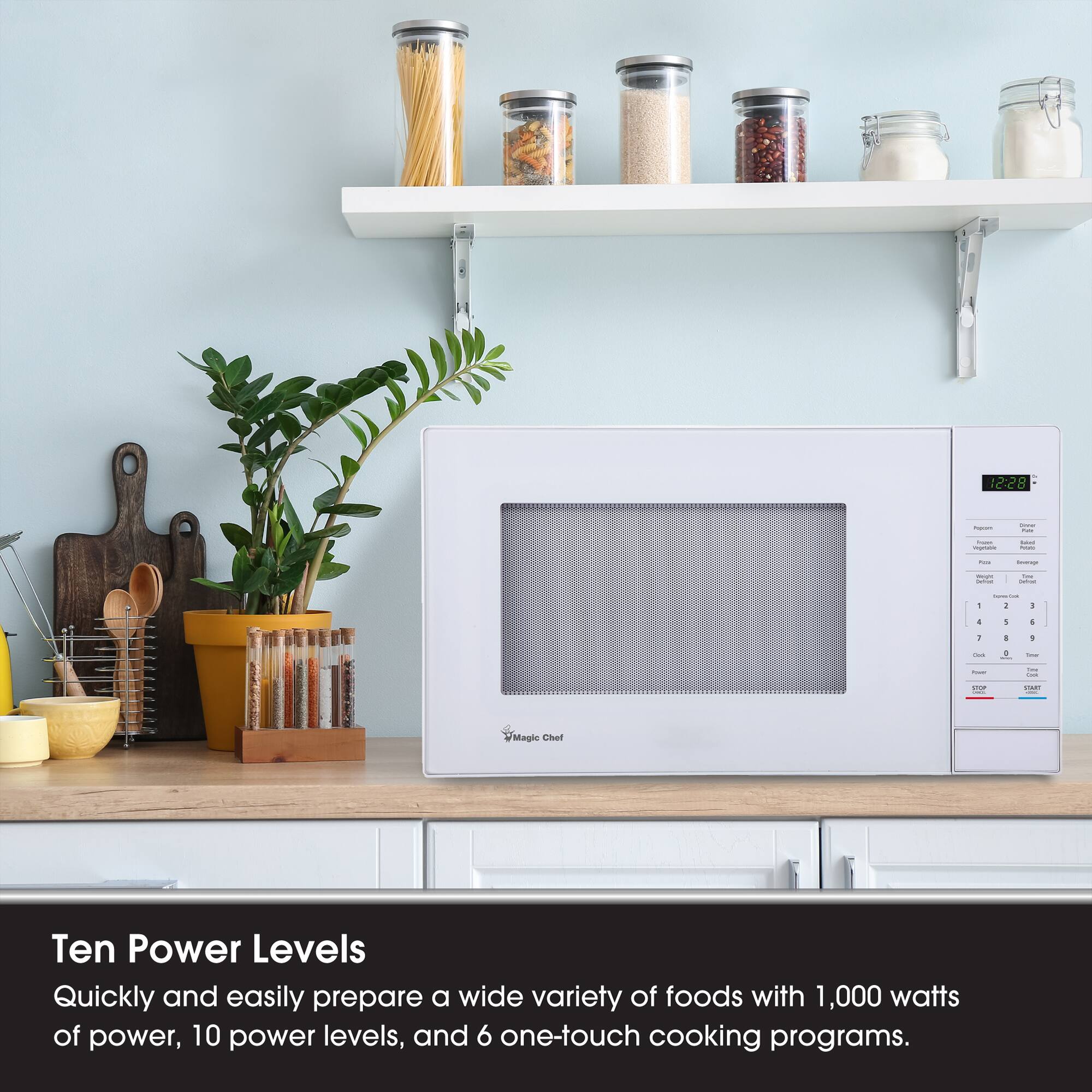 Ten Power Levels

Quickly and easily prepare a wide variety of foods with 1,000 watts of power, 10 power levels, and 6 one-touch cooking programs.