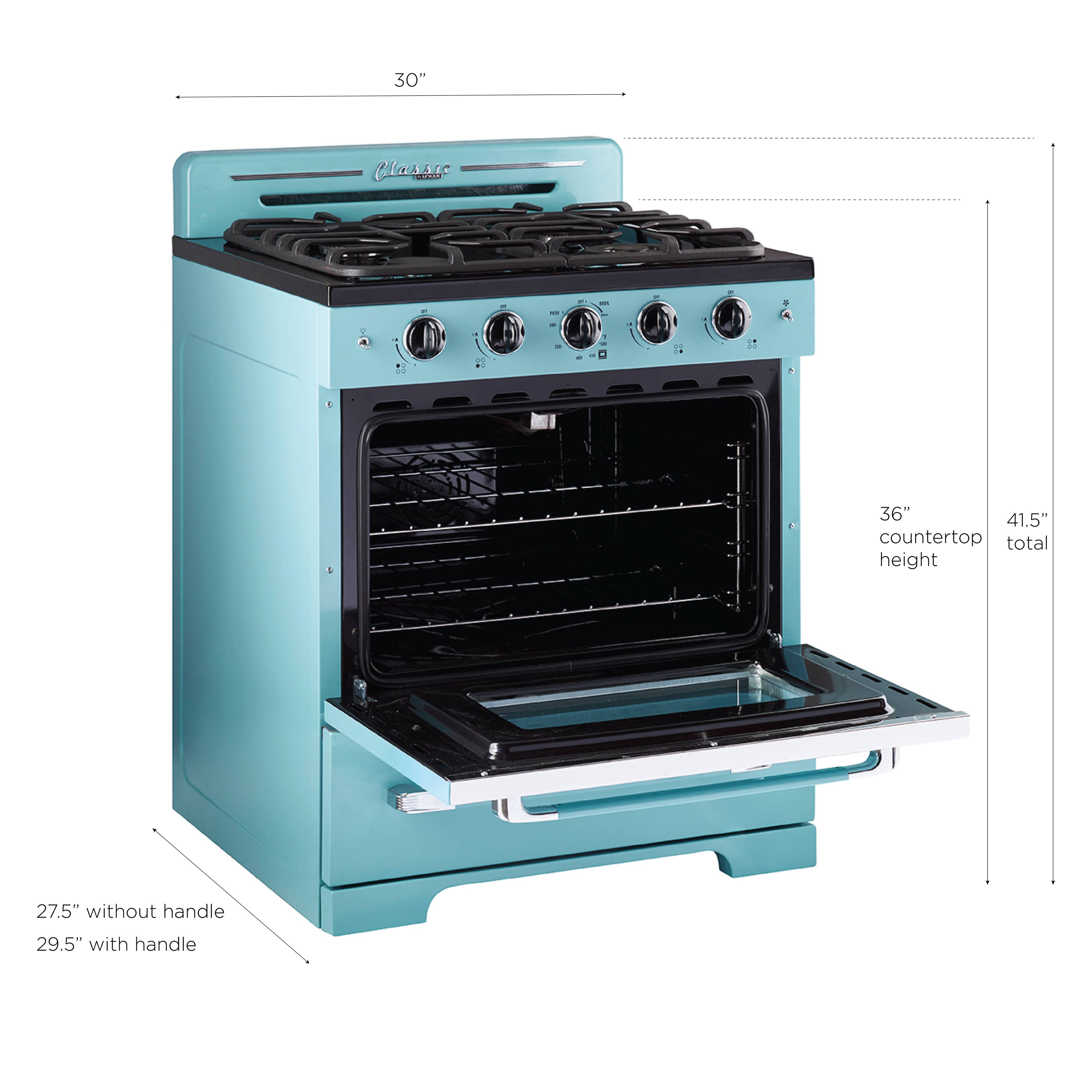 The text on the image states that the oven is a 30" Classac model, with a total height of 41.5" including the countertop. The oven's height without a handle is 27.5", and with a handle, it is 29.5".