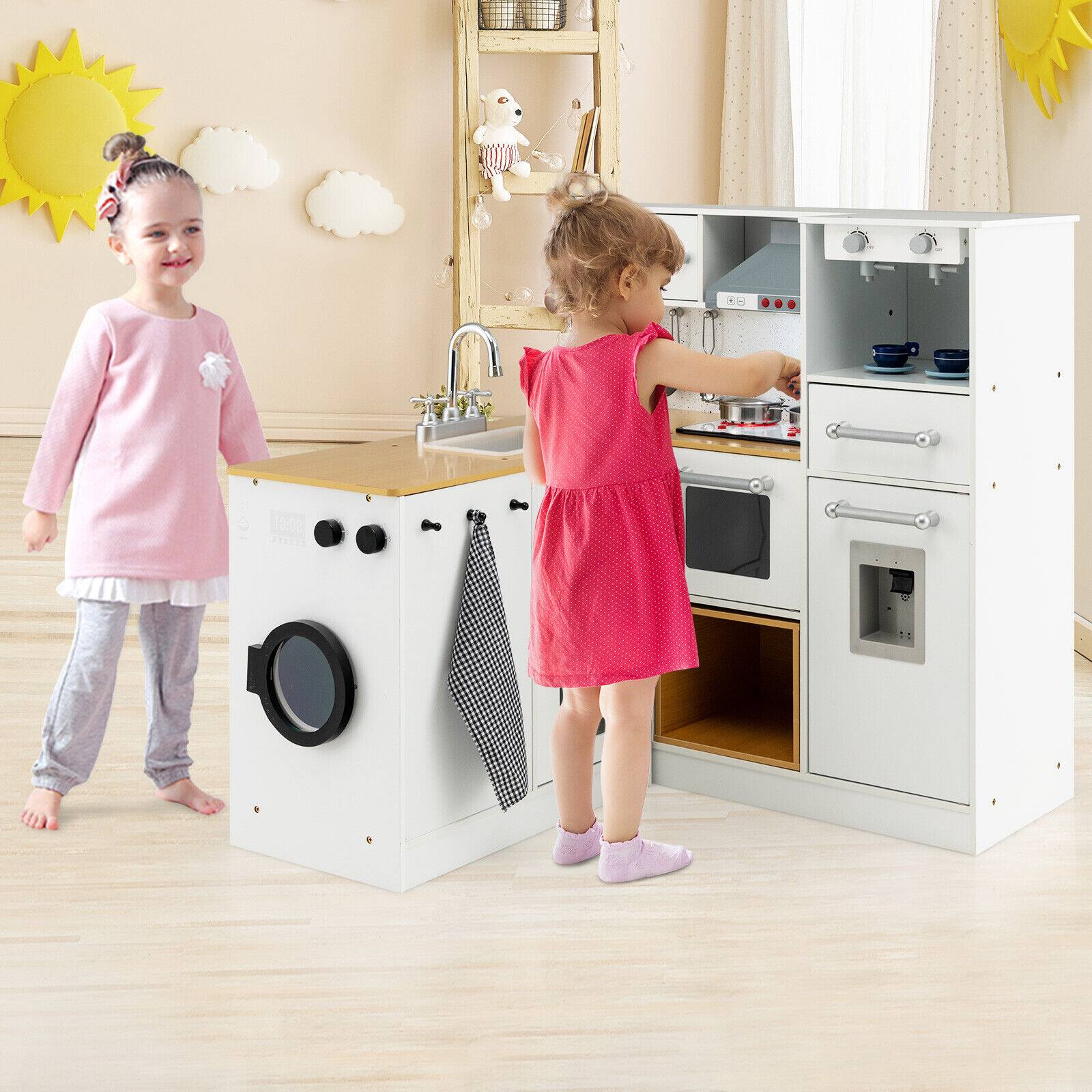 Alt View 3. Gymax - Gymax Kids 2-Piece Kitchen Play Set Pretend Chef Toy Set w/ Range Hood & Stove Burner - White + Natural.