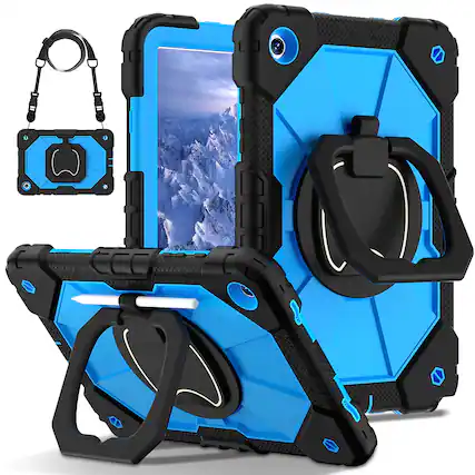 Front. UUCOVER - Case for Samsung Galaxy Tab A11+ 11-inch 2025 (SM-X230/X236/X238) 360° Rotating Stand Hand Grip Cover +Shoulder Strap - Black+Blue.