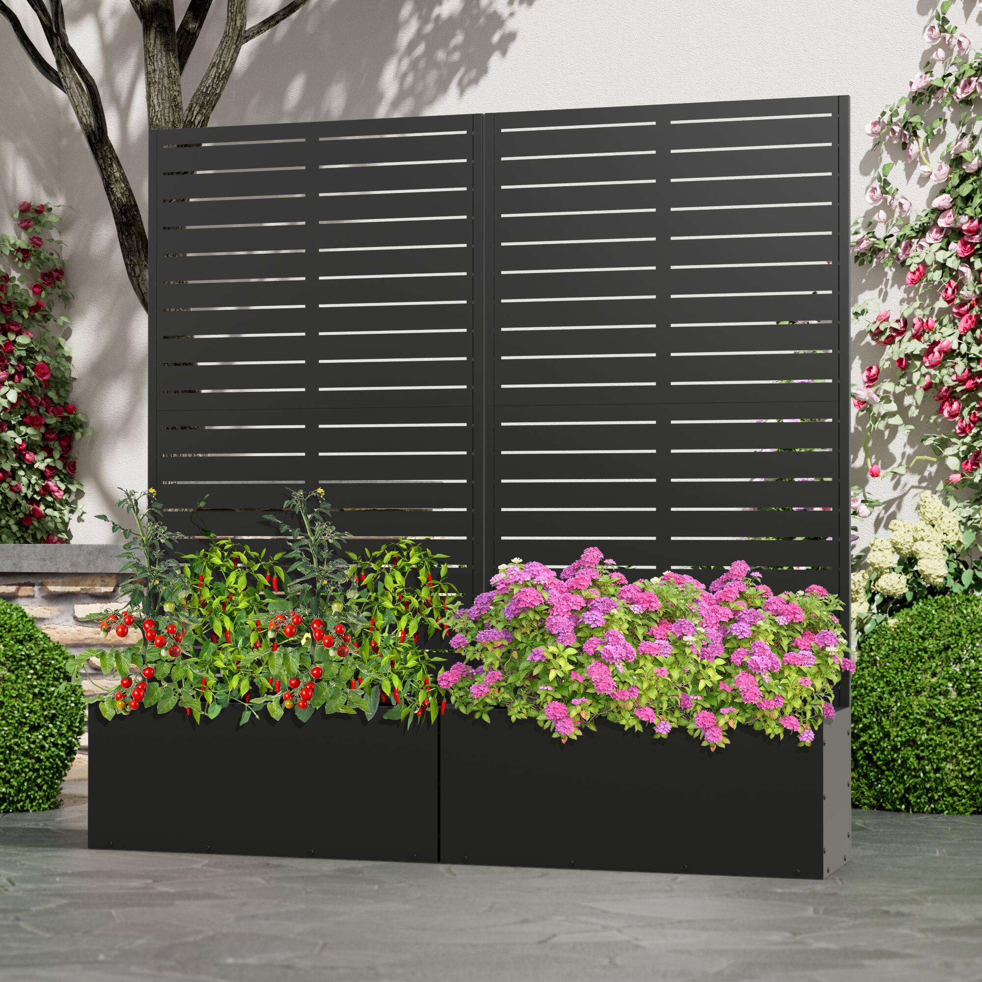 Alt View 1. PexFix - 59 in. H x 30 in. W Louvered Pattern Rectangle Metal Planter Box Raised Garden Beds with Trellis-Ideal for Balcony - Black.