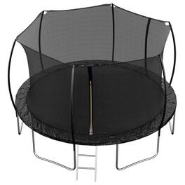 Ecooso - 14FT Trampoline with Enclosure Net and Ladder: Curved Safety Poles, 72 Springs, 6 W-Legs, Zipper Door - Black