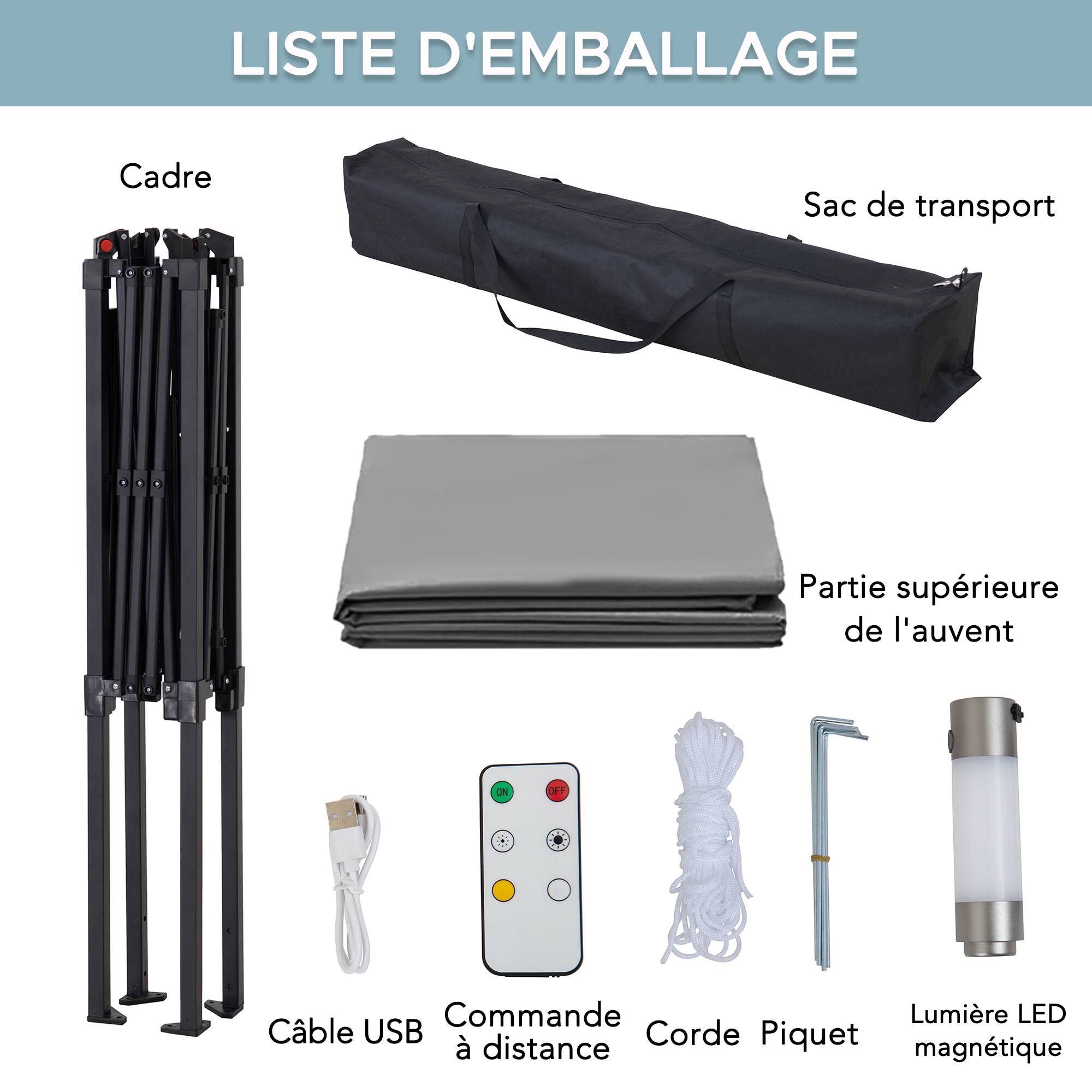 LISTE D'EMBALLAGE  
Cadre  
Sac de transport  
Partie supérieure de l'auvent  
ON OFF  
Commande à distance  
Câble USB  
Corde Piquet  
Lumière LED  
distance magnétique