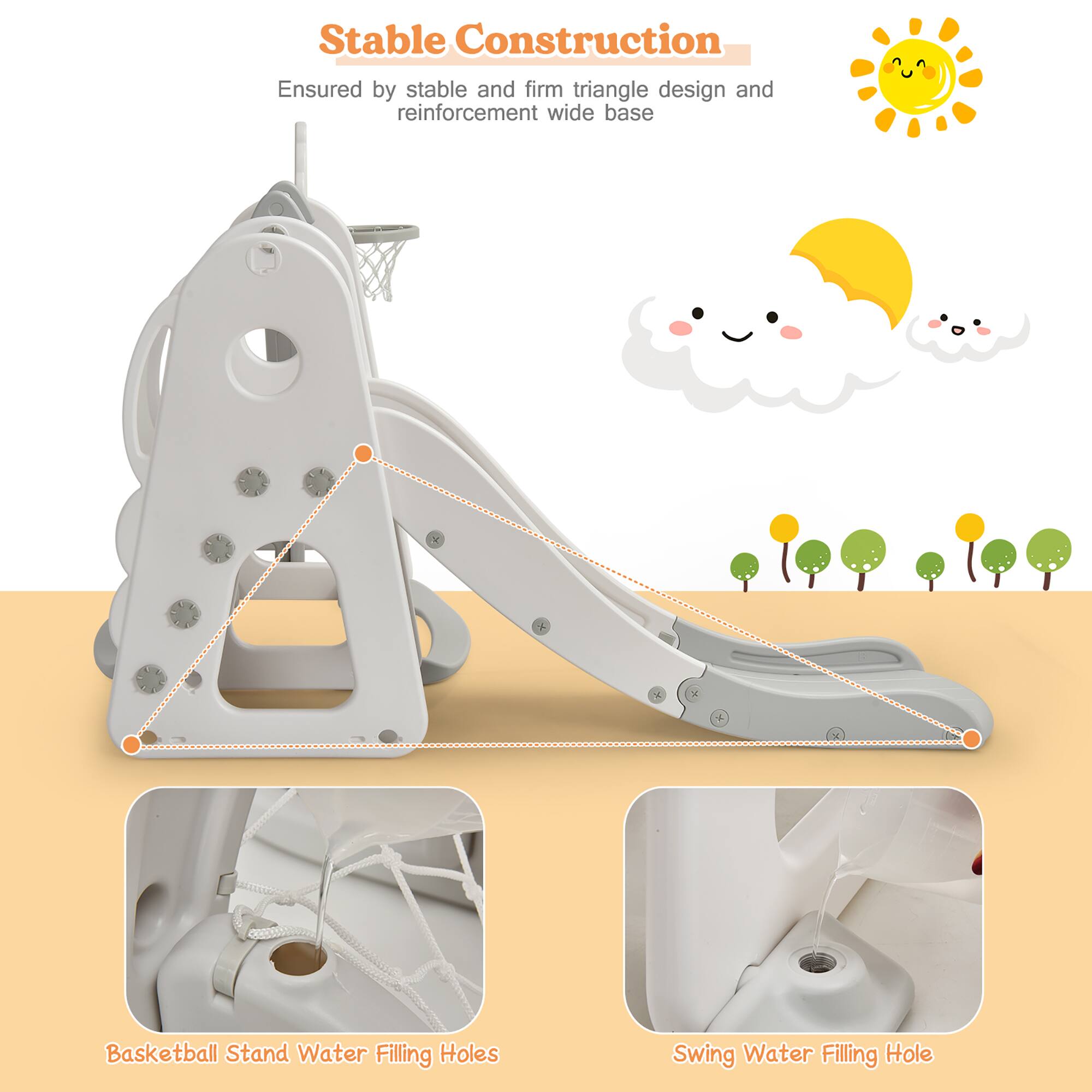 Stable Construction
Basketball Stand Water Filling Holes
Swing Water Filling Hole