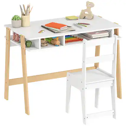 Front. Qaba - Kids Desk and Chair Set, Study Desk with Storage, Student Writing Table Set, Bedroom, School, Gift, 3-12 Years - White.