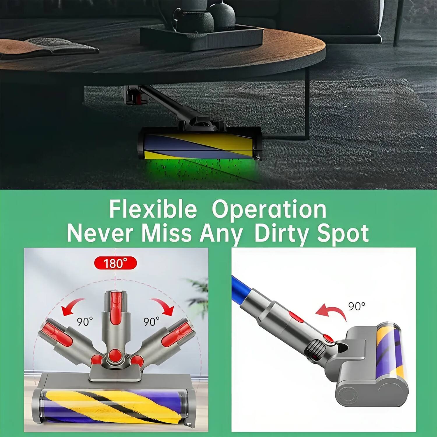 Flexible Operation  
Never Miss Any Dirty Spot  

180°  
90°  
90°  
90°