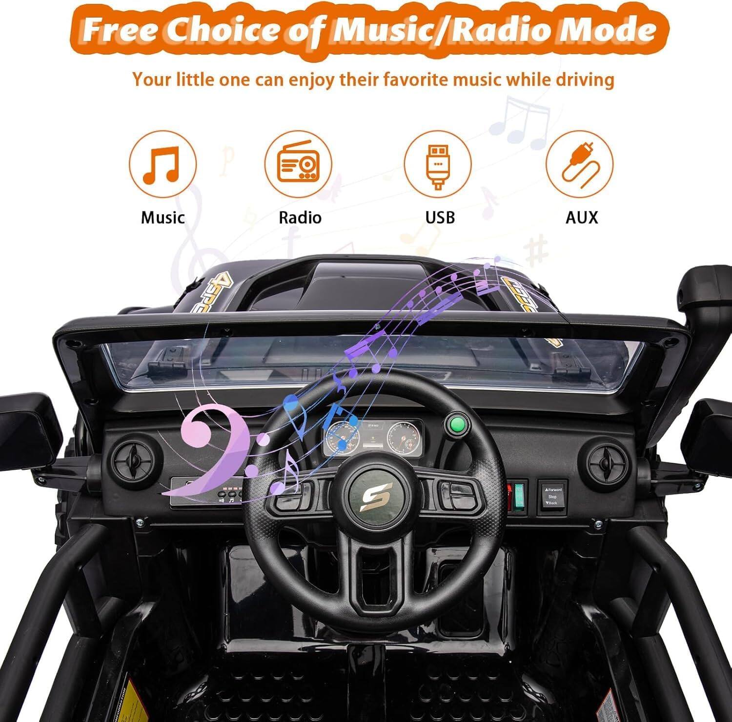 Free Choice of Music/Radio Mode  
Your little one can enjoy their favorite music while driving  

Music  
Radio  
USB  
AUX
