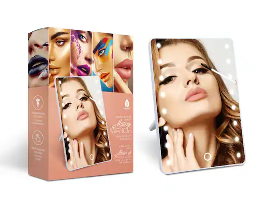 16 illuminating LED lights, 16 lumieres LED clairantes, 16 lumieres LED blanches, Touch sensitive activation, Tactile activation, Touch-screen vanity makeup mirror, Ecran tactile vanit de maquillage, 16 lumieres LED blanches