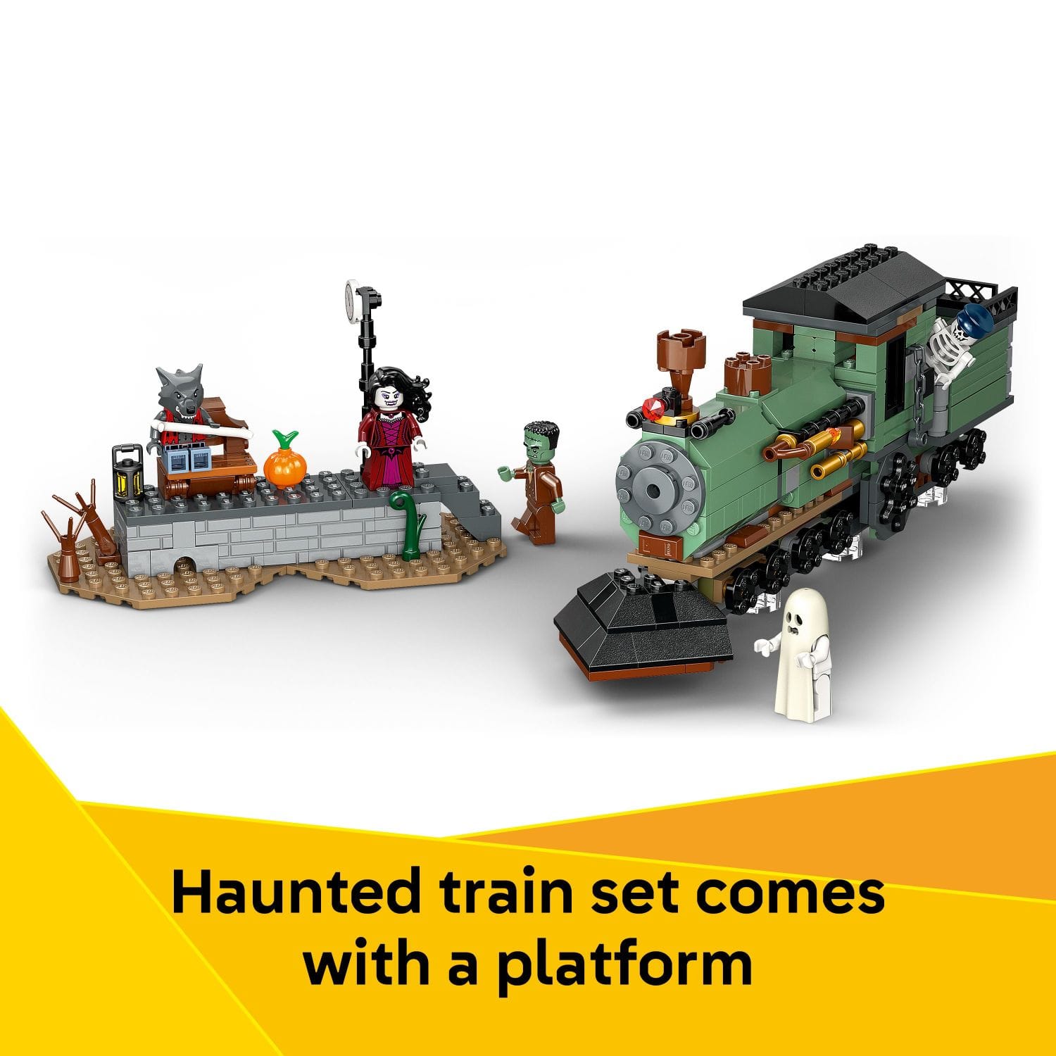 Haunted train set comes with a platform.