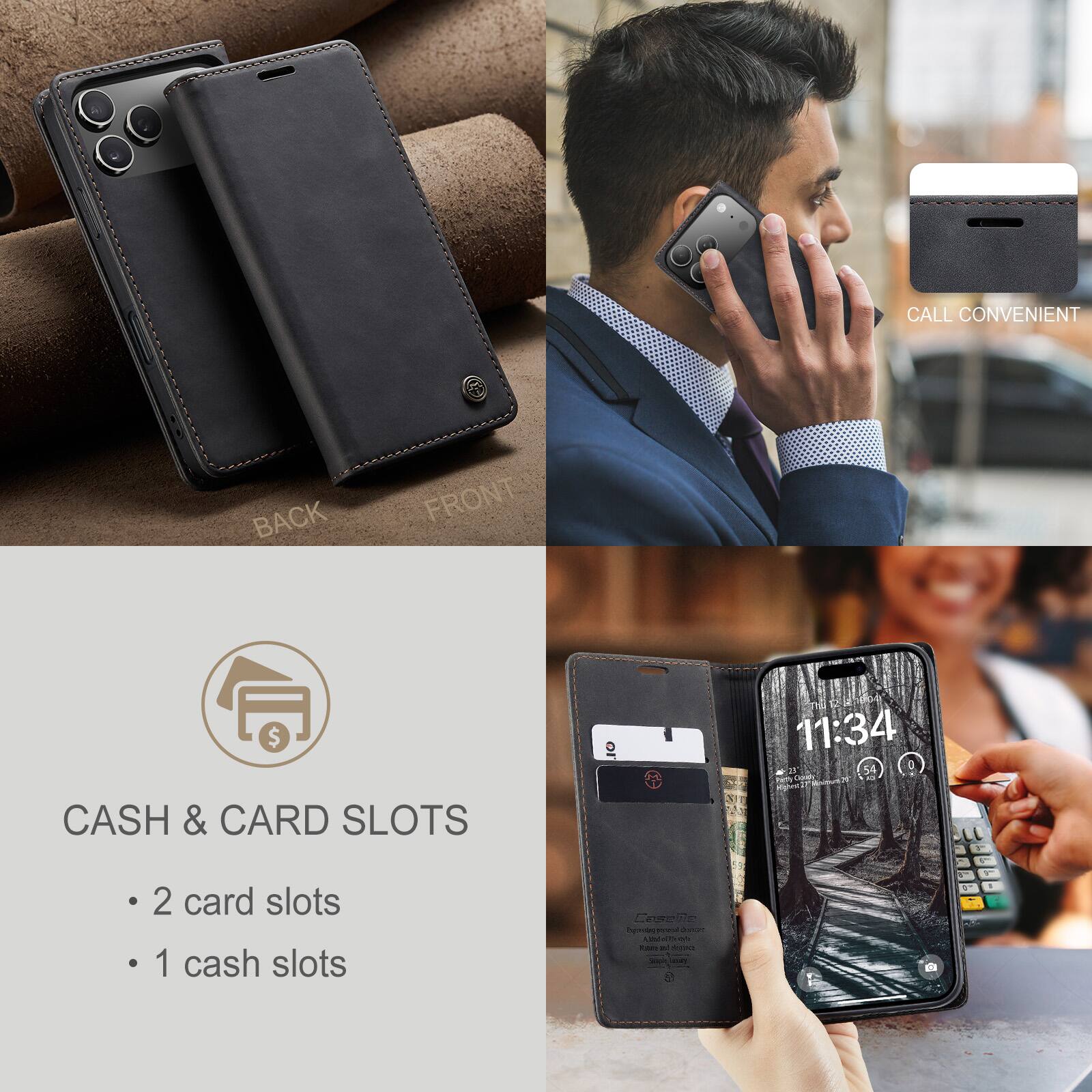 CALL CONVENIENT

BACK
FRONT

CASH & CARD SLOTS
- 2 card slots
- 1 cash slot

11:34 B Cookies

Casea Ingrestngraphy poserved drange Visionalla No POMICS and type Sub Extrury.