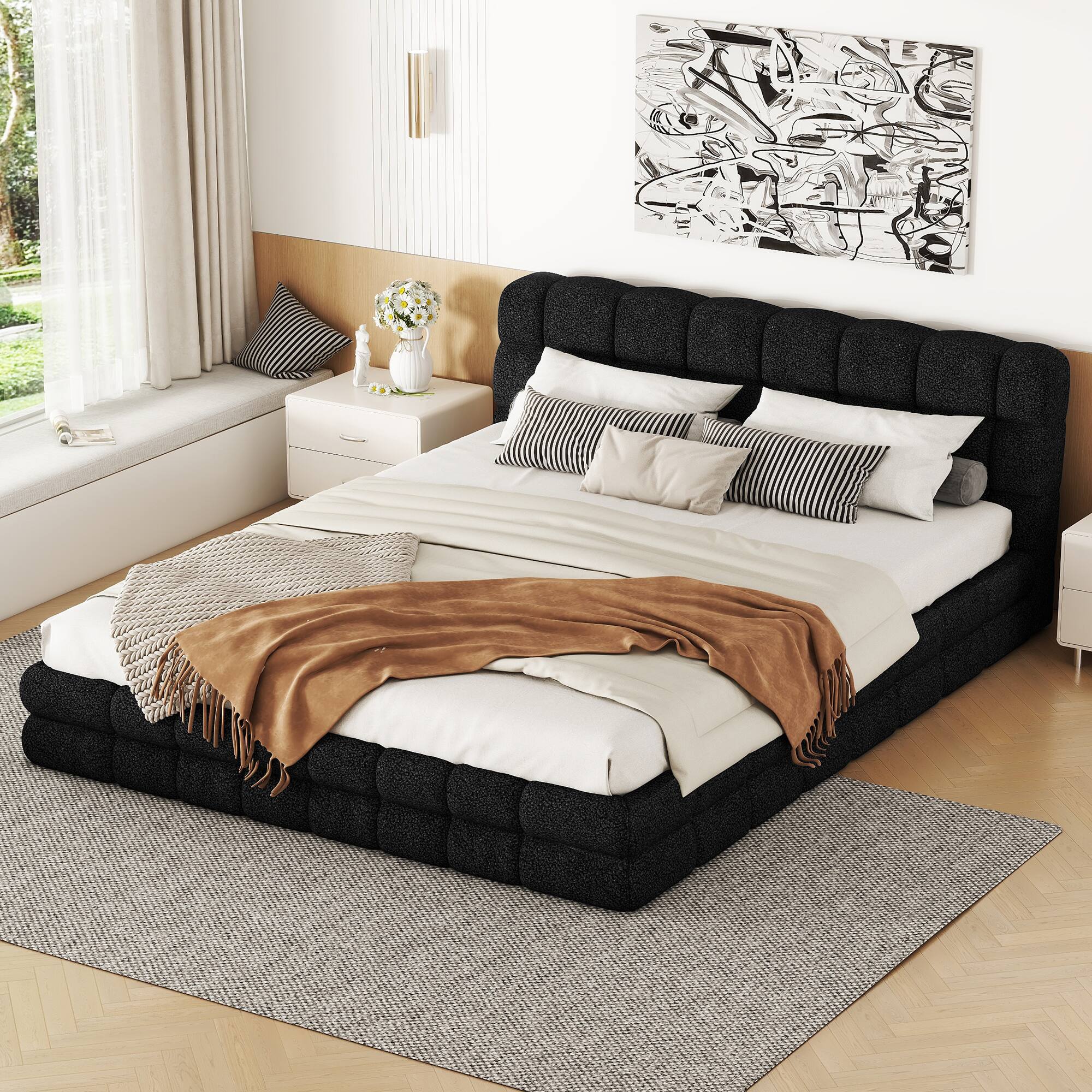 Left. LUCKY ONE - Queen Size Upholstered Platform Bed - Black.