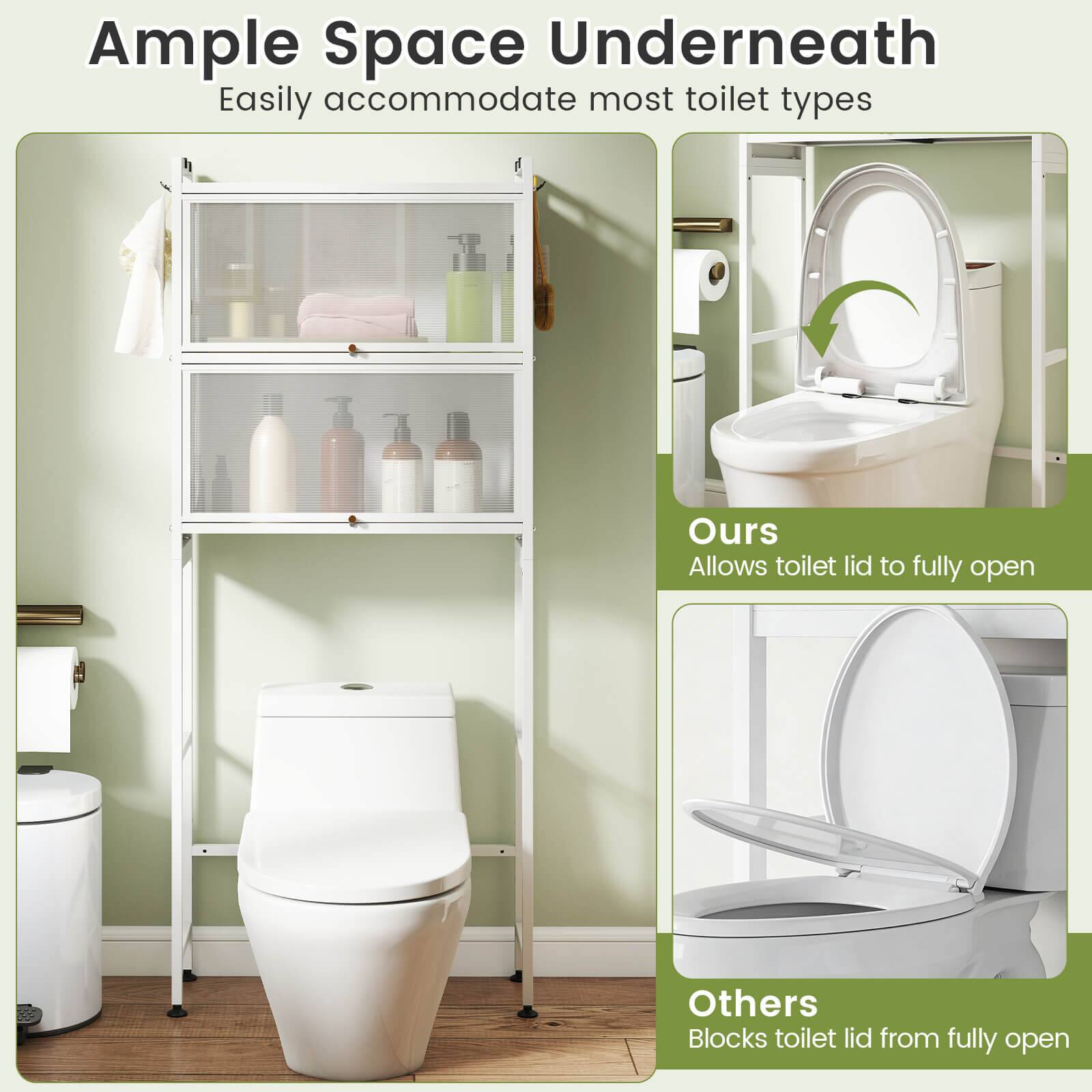 Ample Space Underneath  
Easily accommodate most toilet types  

Ours  
Allows toilet lid to fully open  

Others  
Blocks toilet lid from fully open