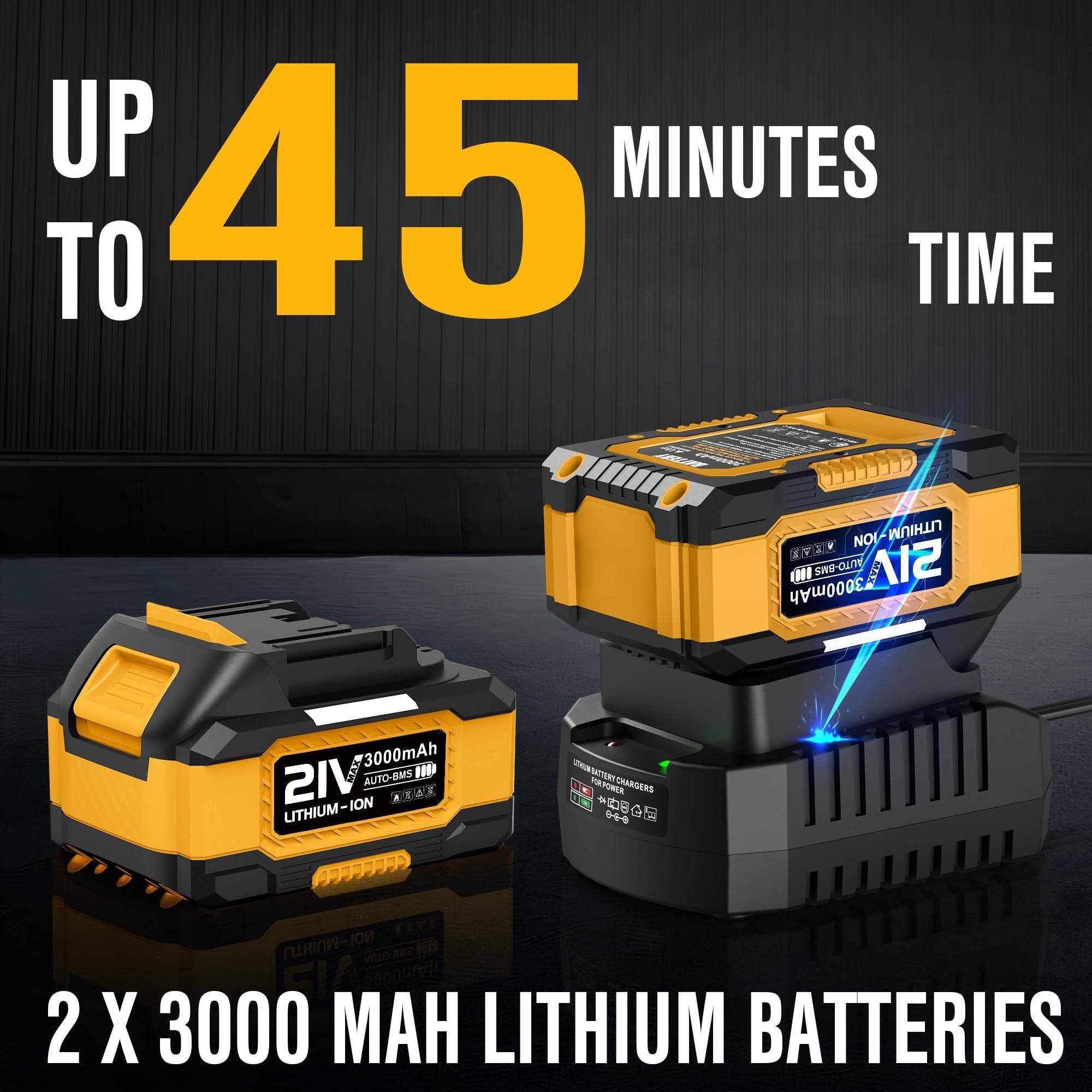 UP TO 45 MINUTES TIME

2 X 3000 MAH LITHIUM BATTERIES